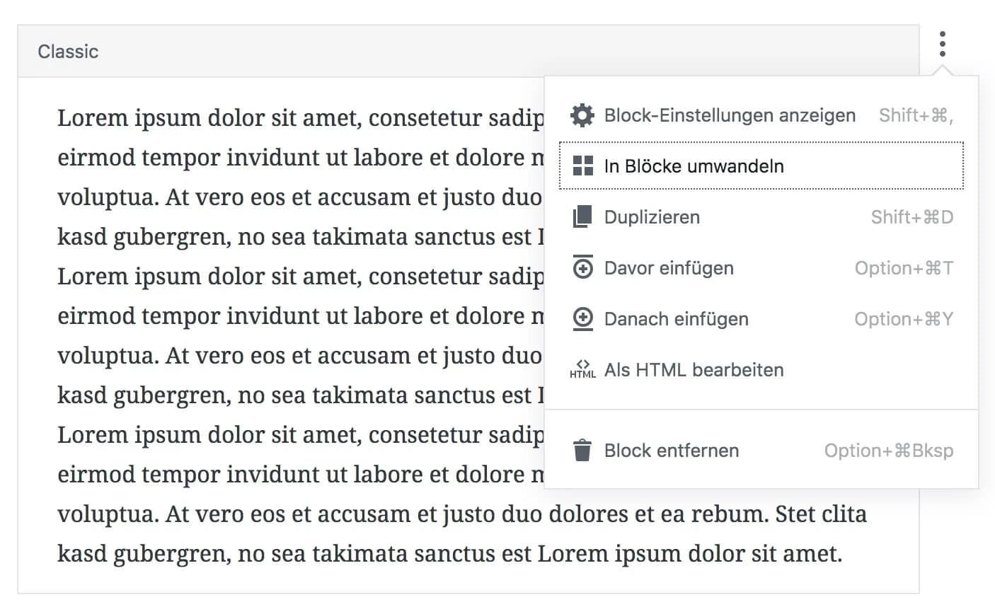 Classic-Block in Blöcke umwandeln