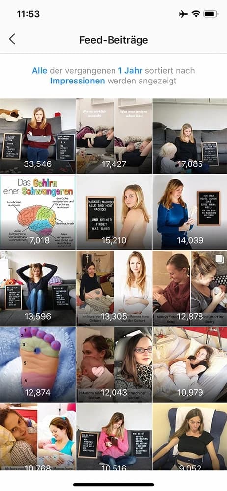 Screenshot meiner Instagram Analytics, sortiert nach Impressionen - Instagram Follower gewinnen