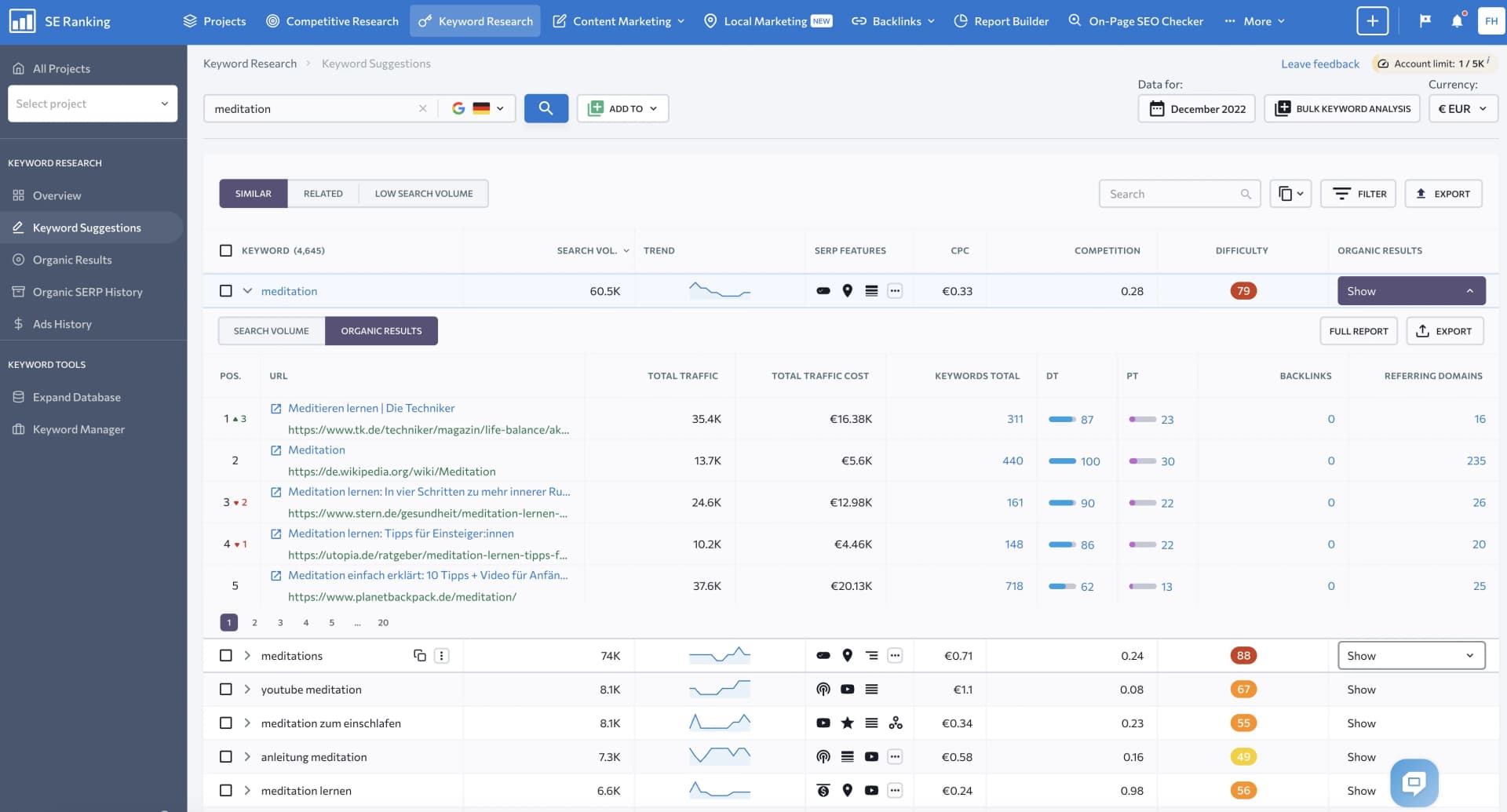 Keyword-Recherche mit SE Ranking inkl. Suchvolumen und Konkurrenz