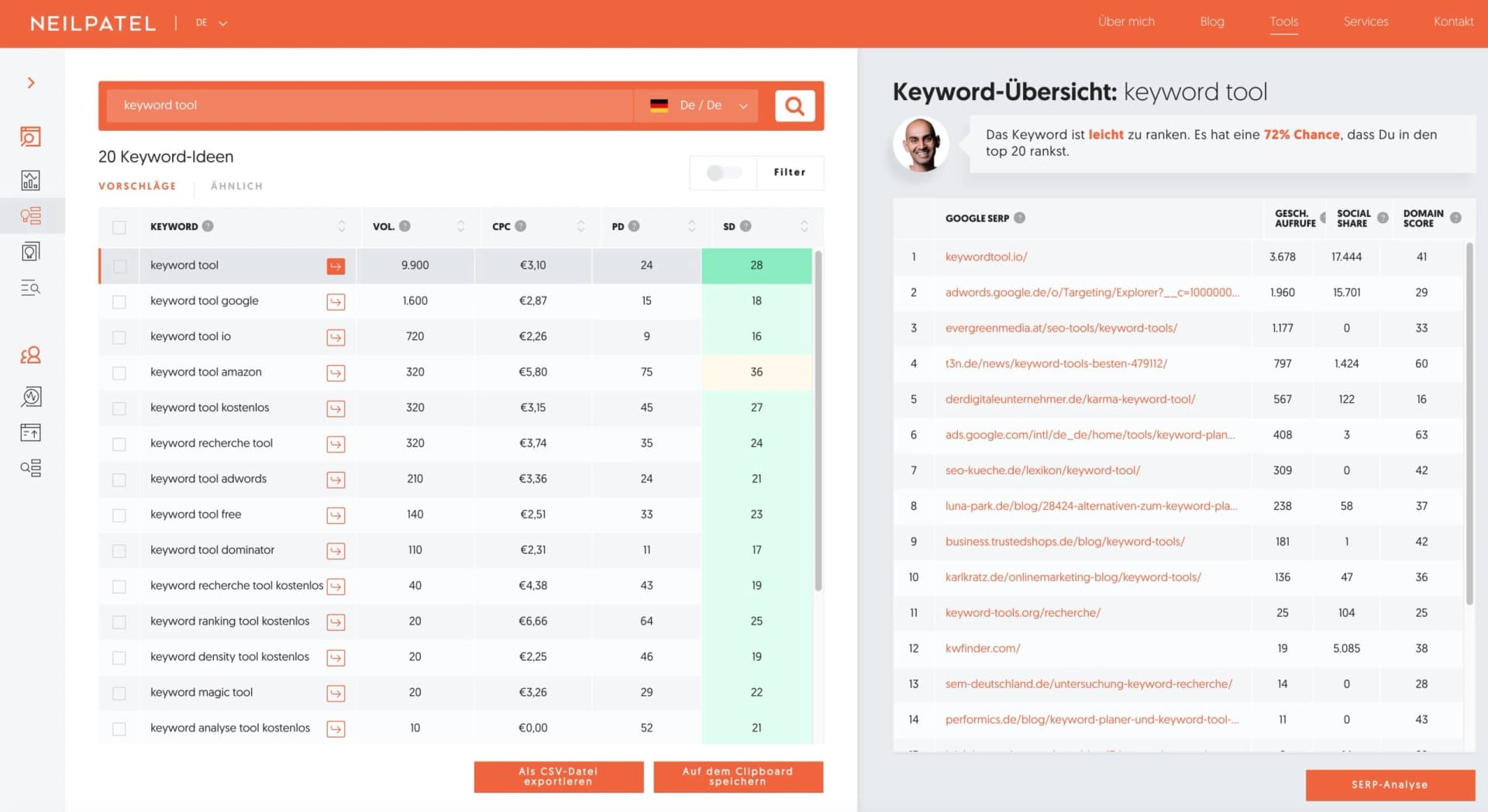 Keyword-Ideen bei Ubersuggest