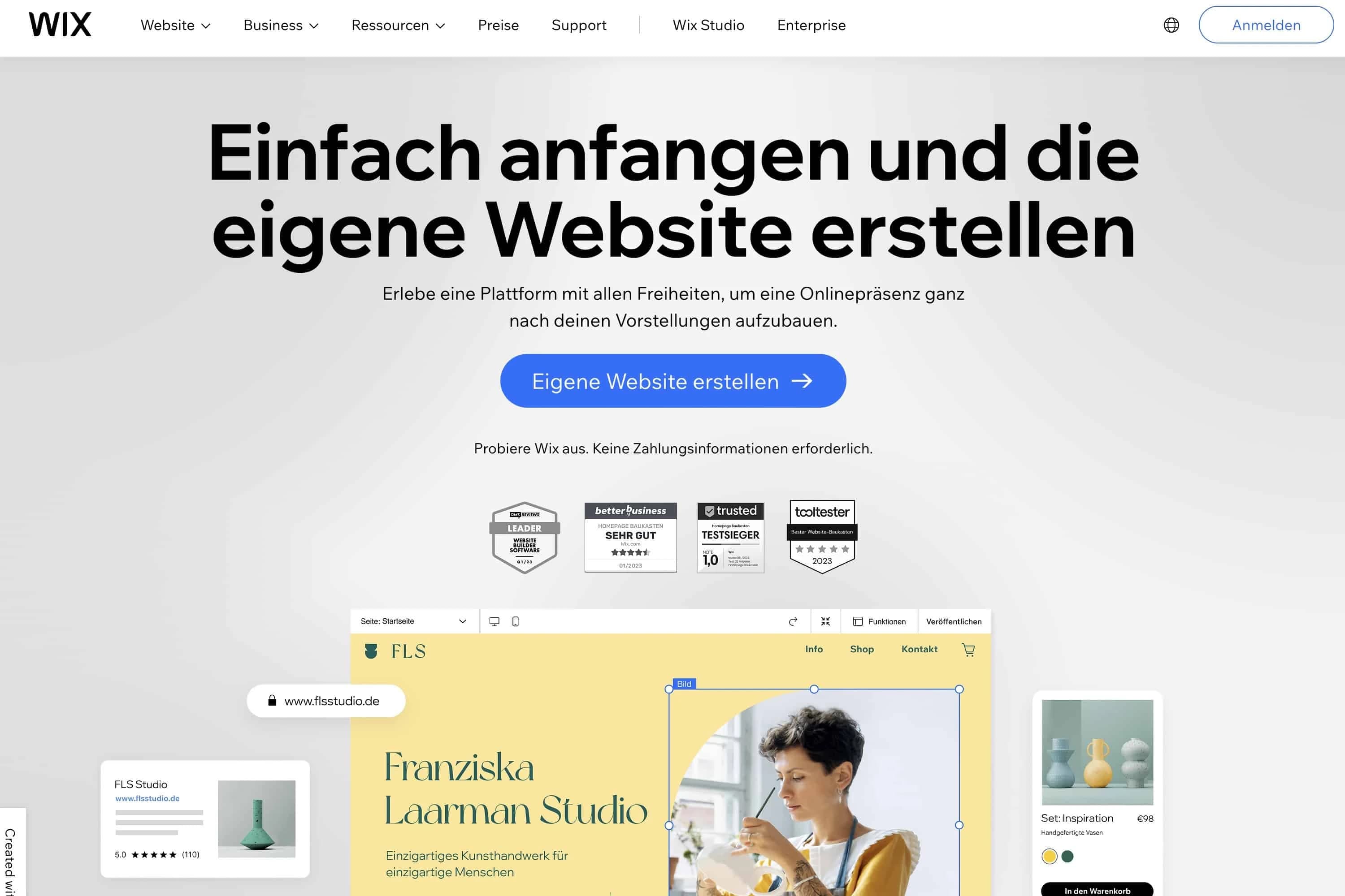 Startseite des Website-Baukastens Wix