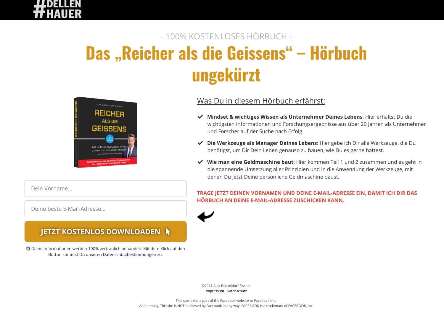 Landingpage-Beispiel von Alex Fischer: Reicher als die Geissens