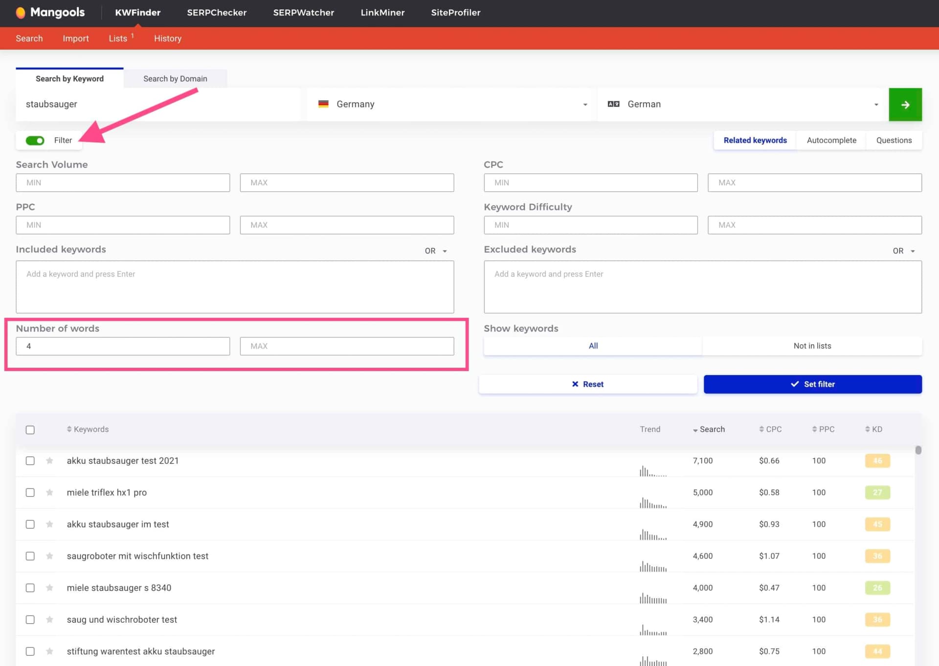 Long-Tail-Keywords mit dem KWFinder finden per Wortanzahl-Filter