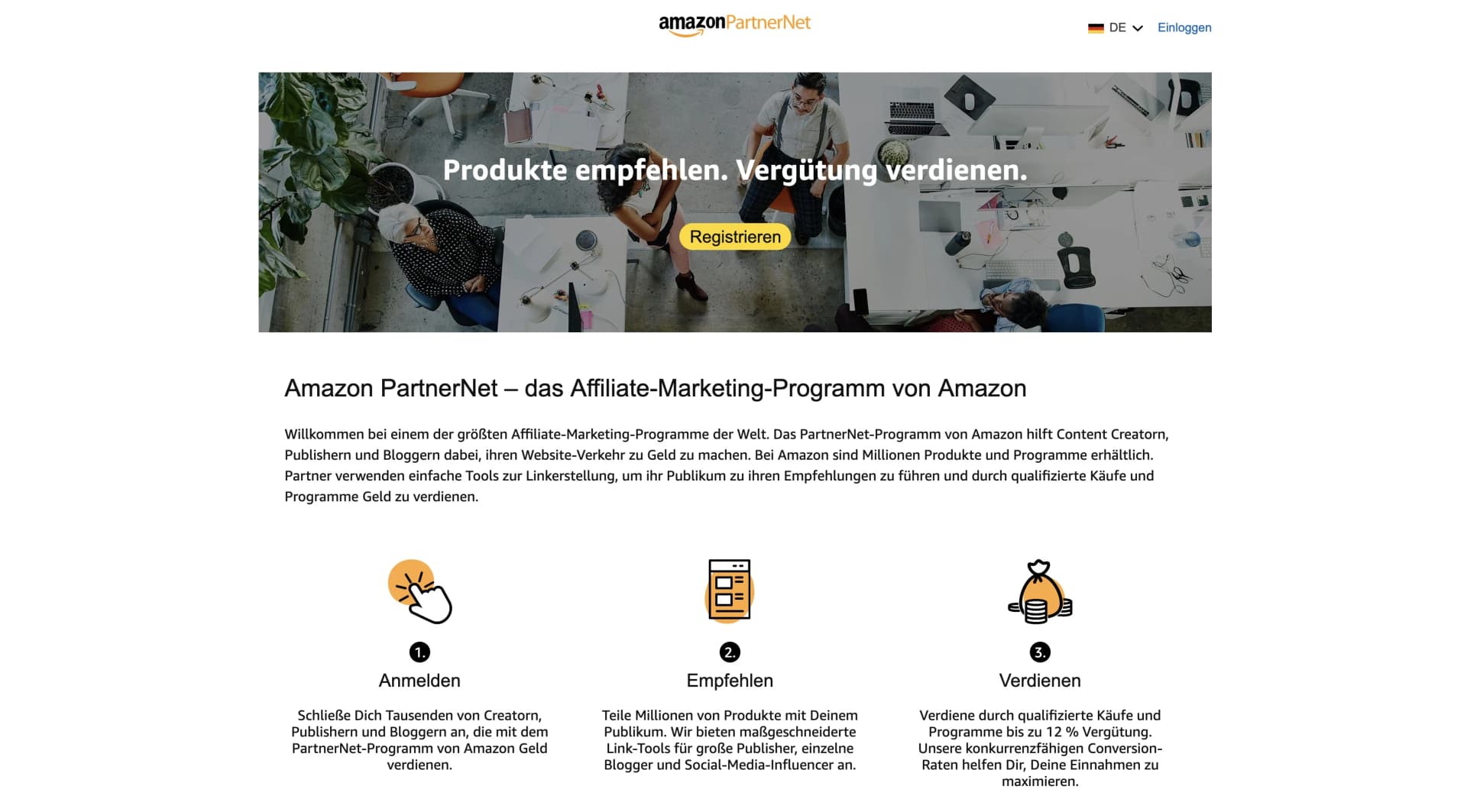 Startseite des Amazon PartnerNet Affiliate-Programms