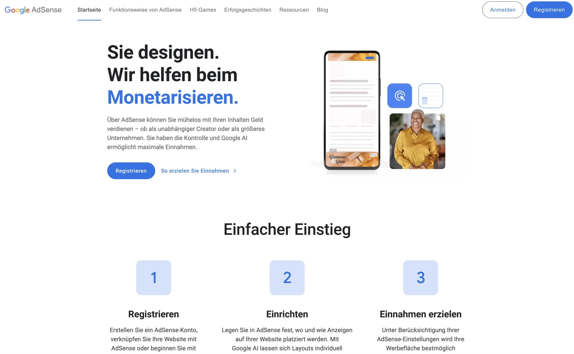 Startseite von Google AdSense zur Monetarisierung von Websites