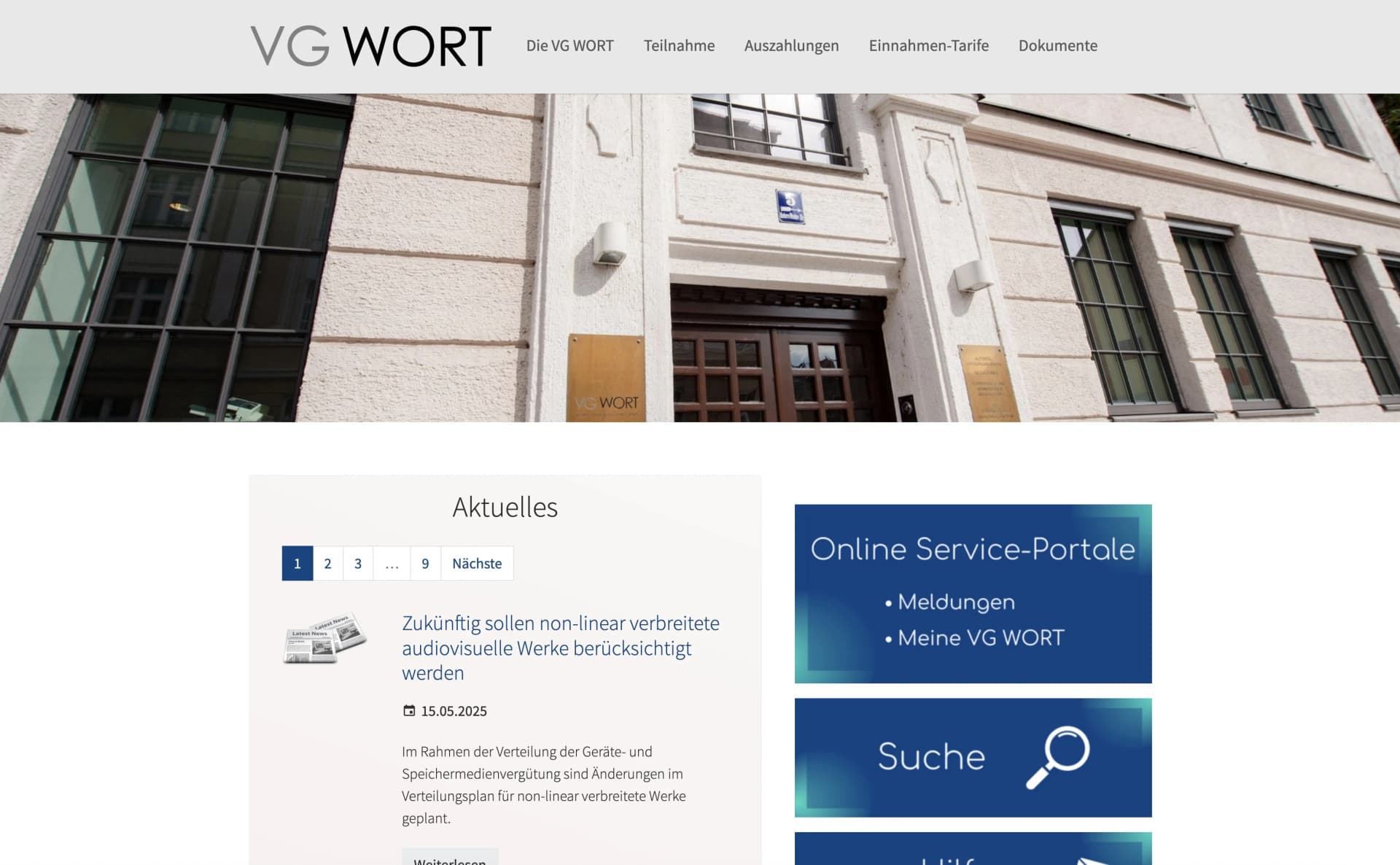Startseite der VG Wort zur Vergütung von Online-Texten