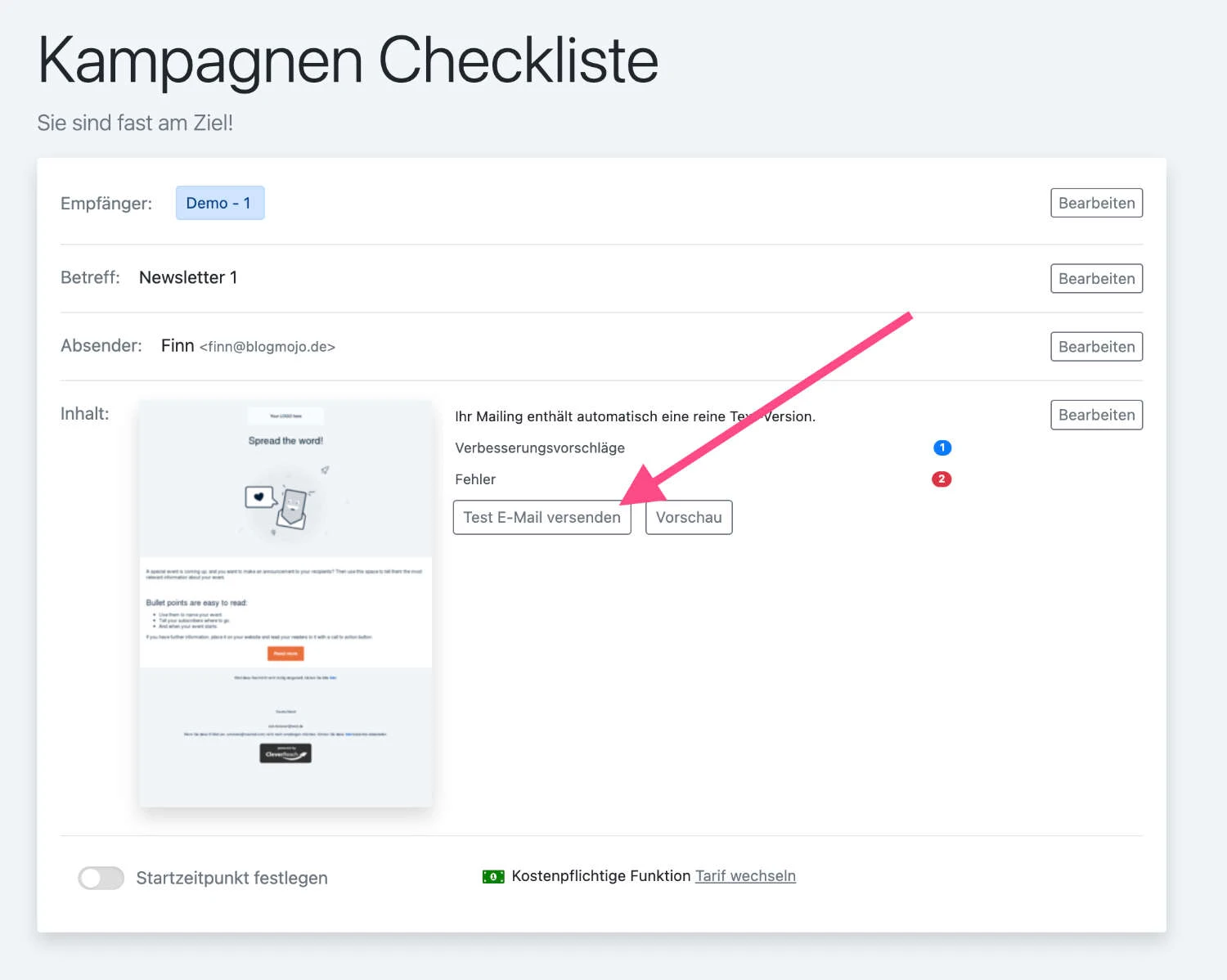 Newsletter Testmail versenden