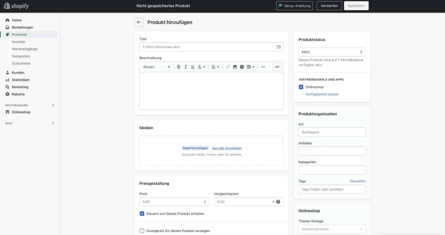 Shopify Produkt hinzufügen