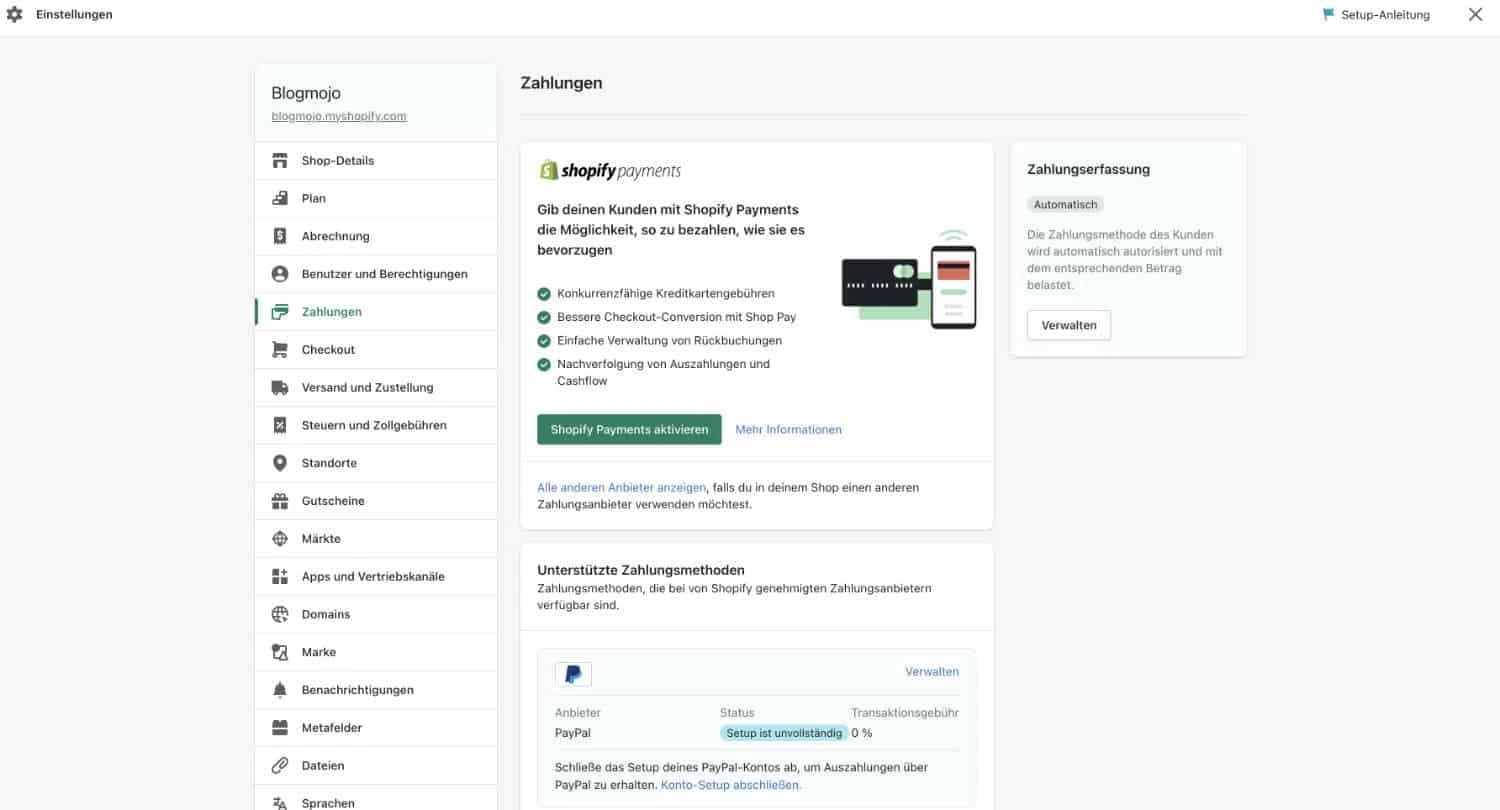 Shopify Zahlungen