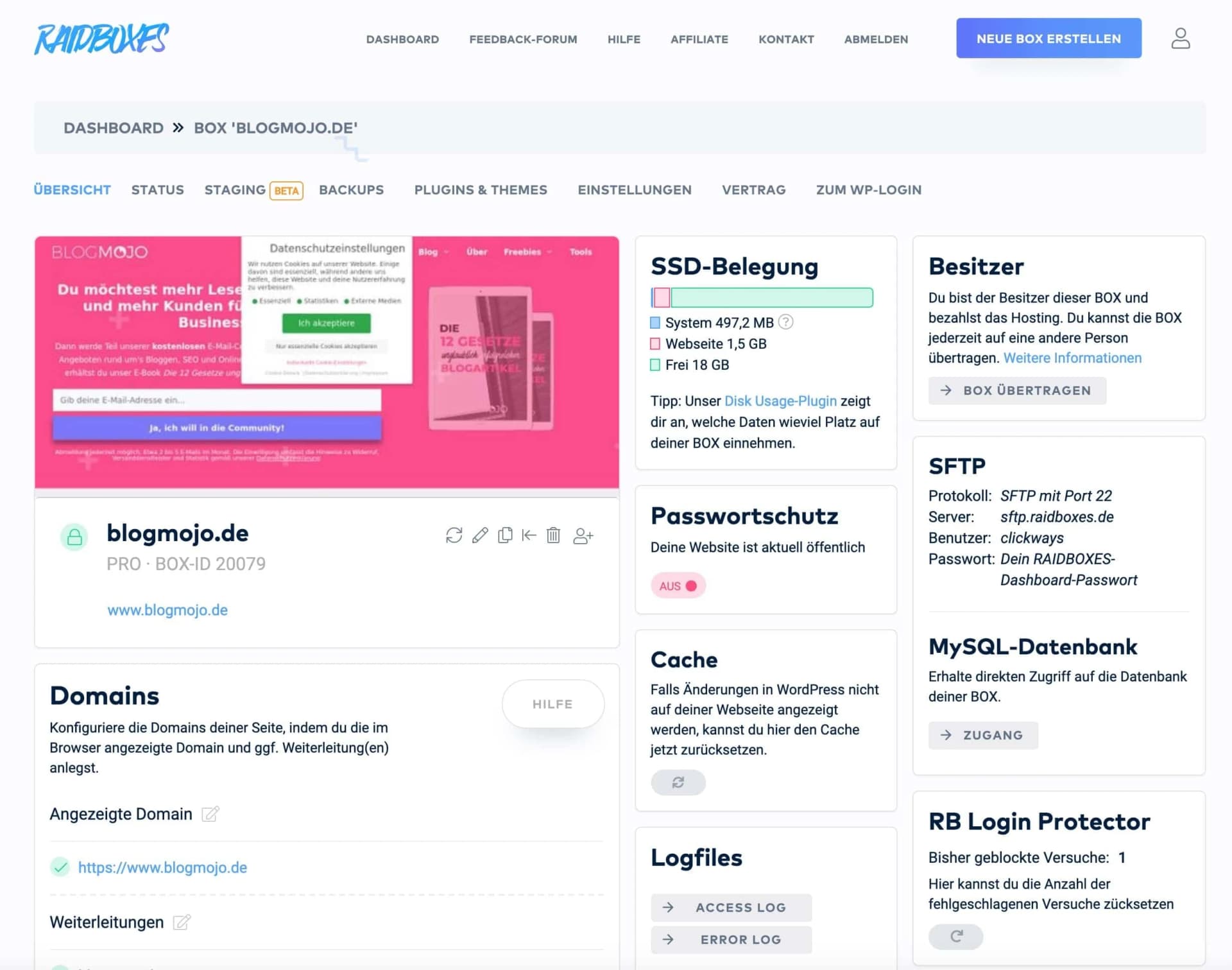 Übersicht einer einzelnen Box im Raidboxes-Dashboard