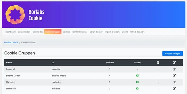 Borlabs Cookie bietet dir die Möglichkeit, Cookies in Gruppen zu organisieren.