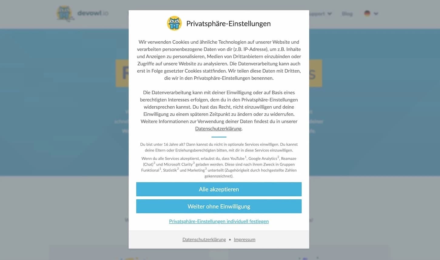 Real Cookie Banner im Einsatz auf der Website der Entwickler