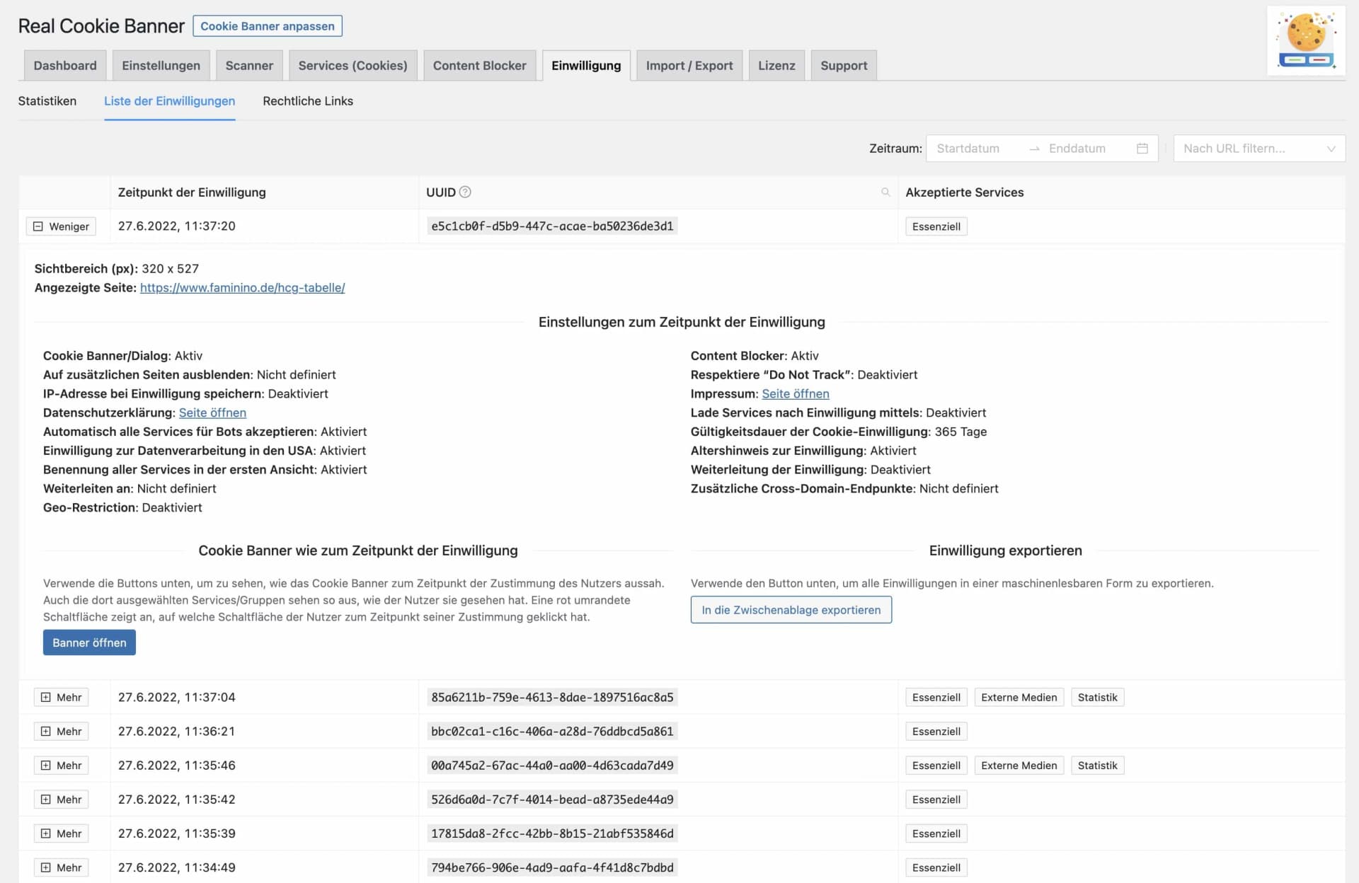 Liste der Einwilligungen bei Real Cookie Banner
