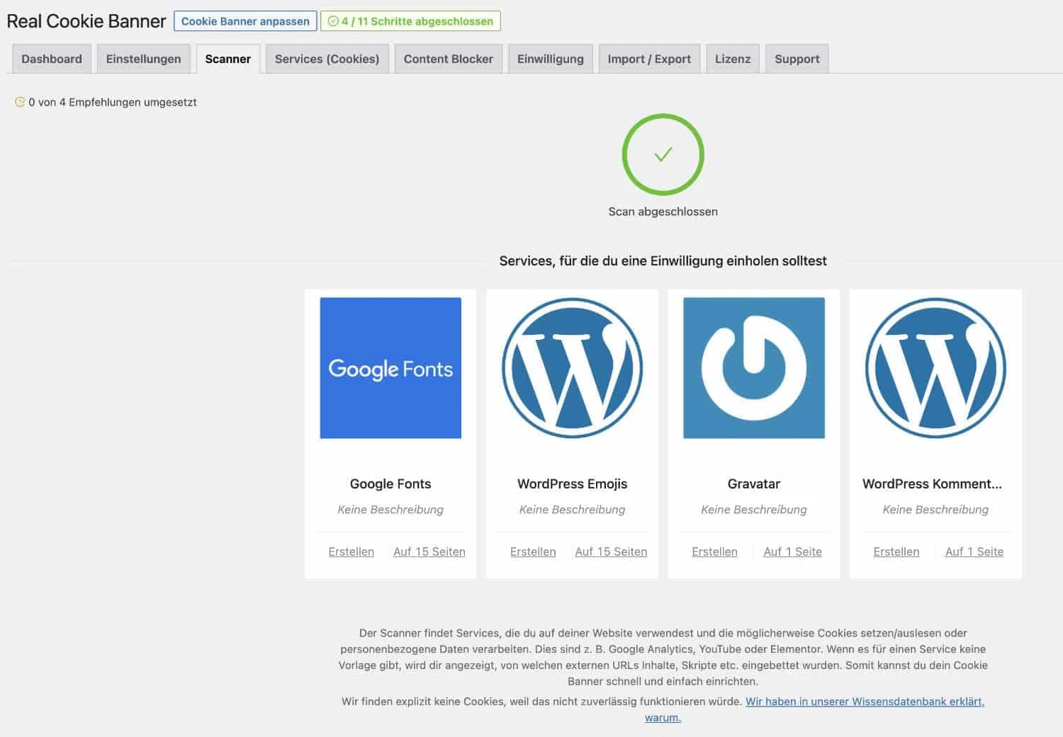 Service-Scanner von Real Cookie Banner zum Erkennen von Cookies