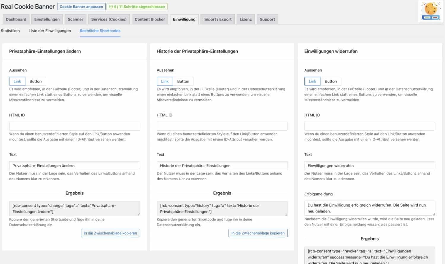 Shortcodes von Real Cookie Banner