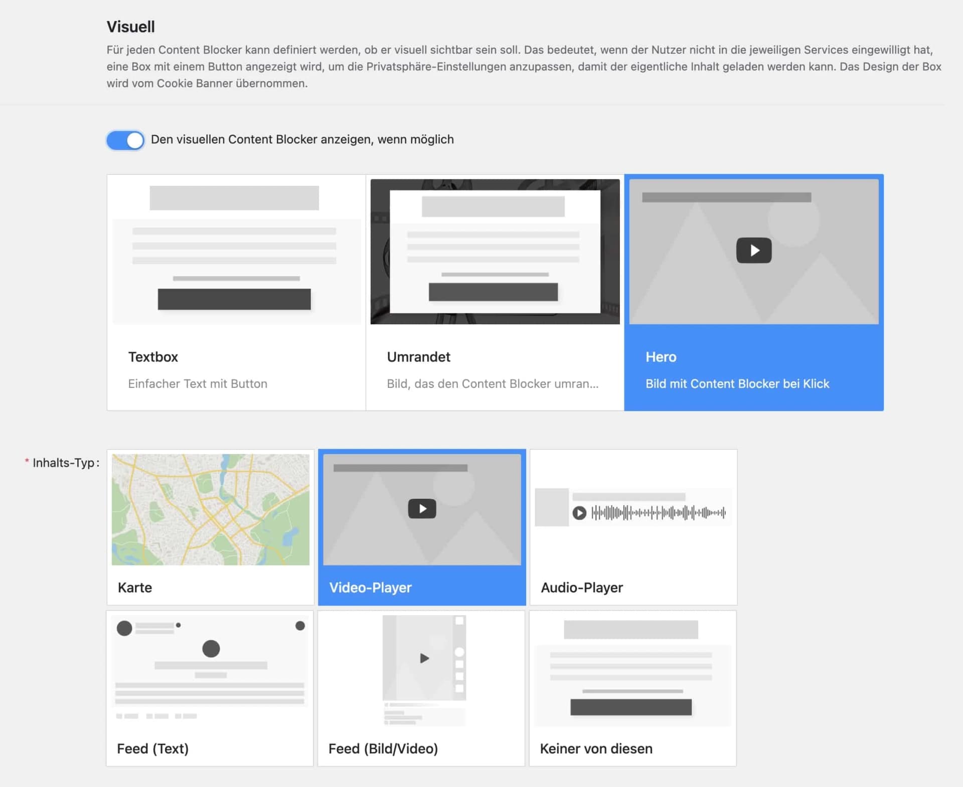 Verschiedene Designs für den visuellen Content-Blocker in Real Cookie Banner