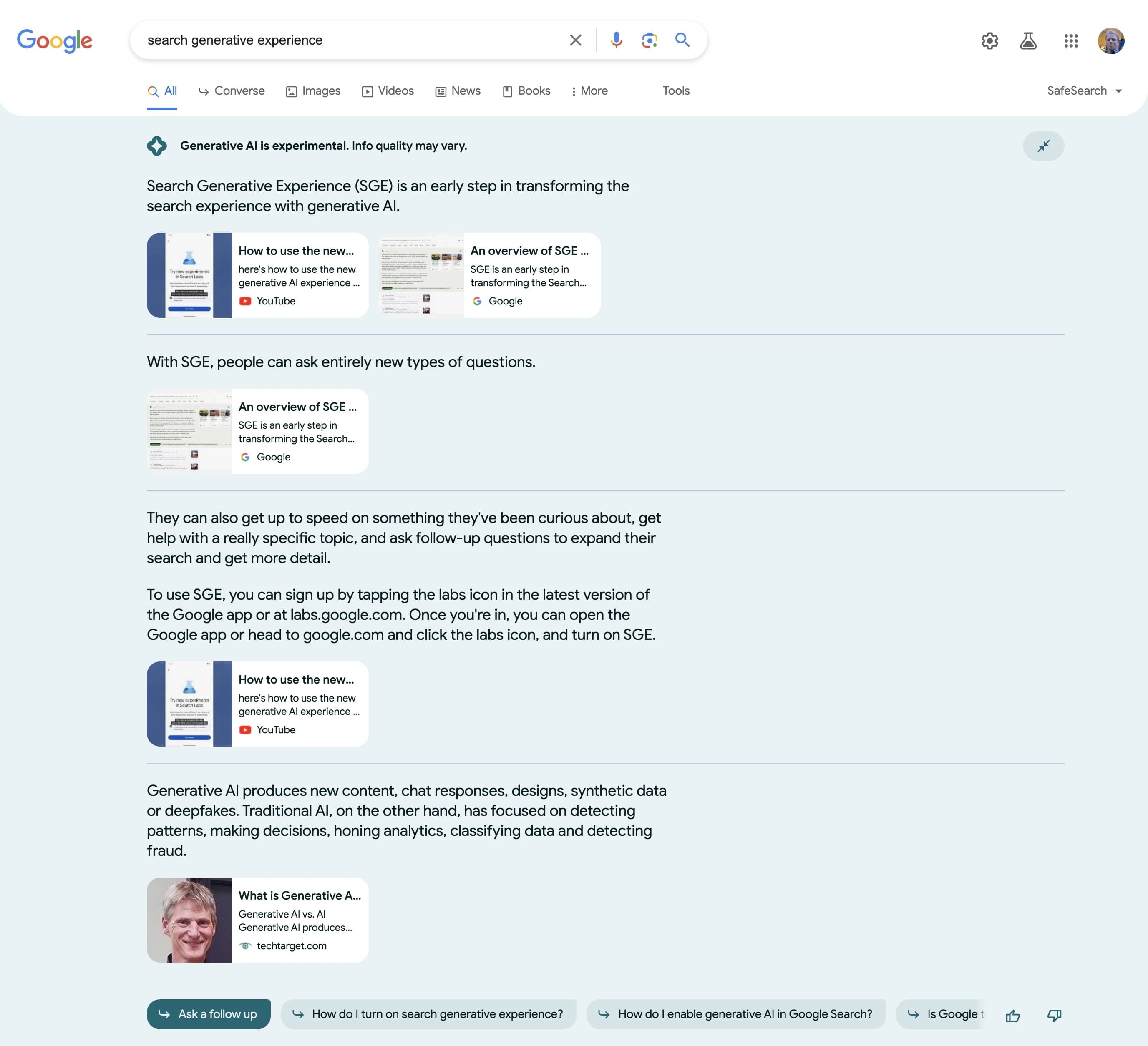 Beispiel für die Search Generative Experience mit ausgeklappten Quellen