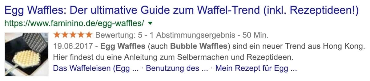 Rich Snippet eines Rezepts mit Nutzerbewertungen, Bild und Zubereitungszeit