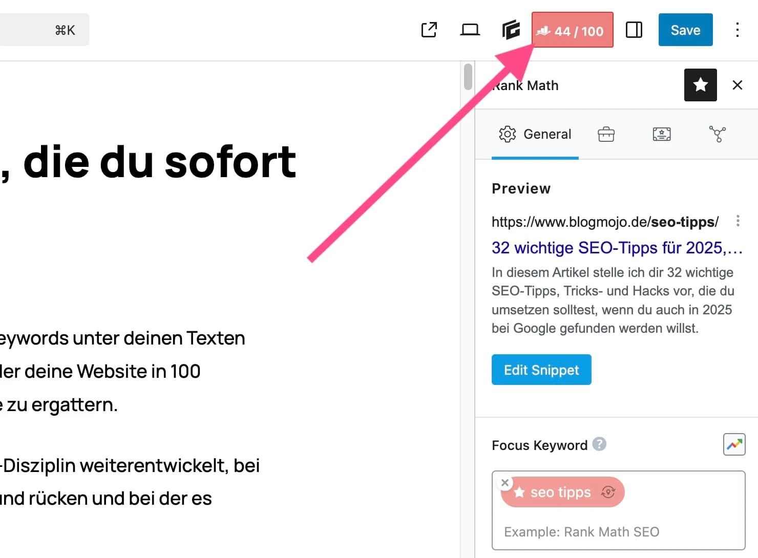 Rank Math Score von diesem Blogartikel zu „SEO-Tipp“
