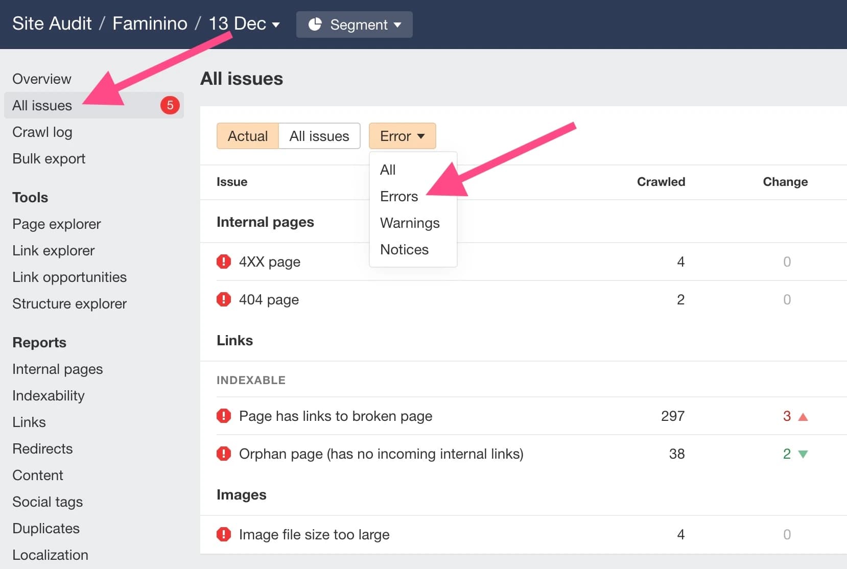 Site-Audit-Fehlerliste in ahrefs