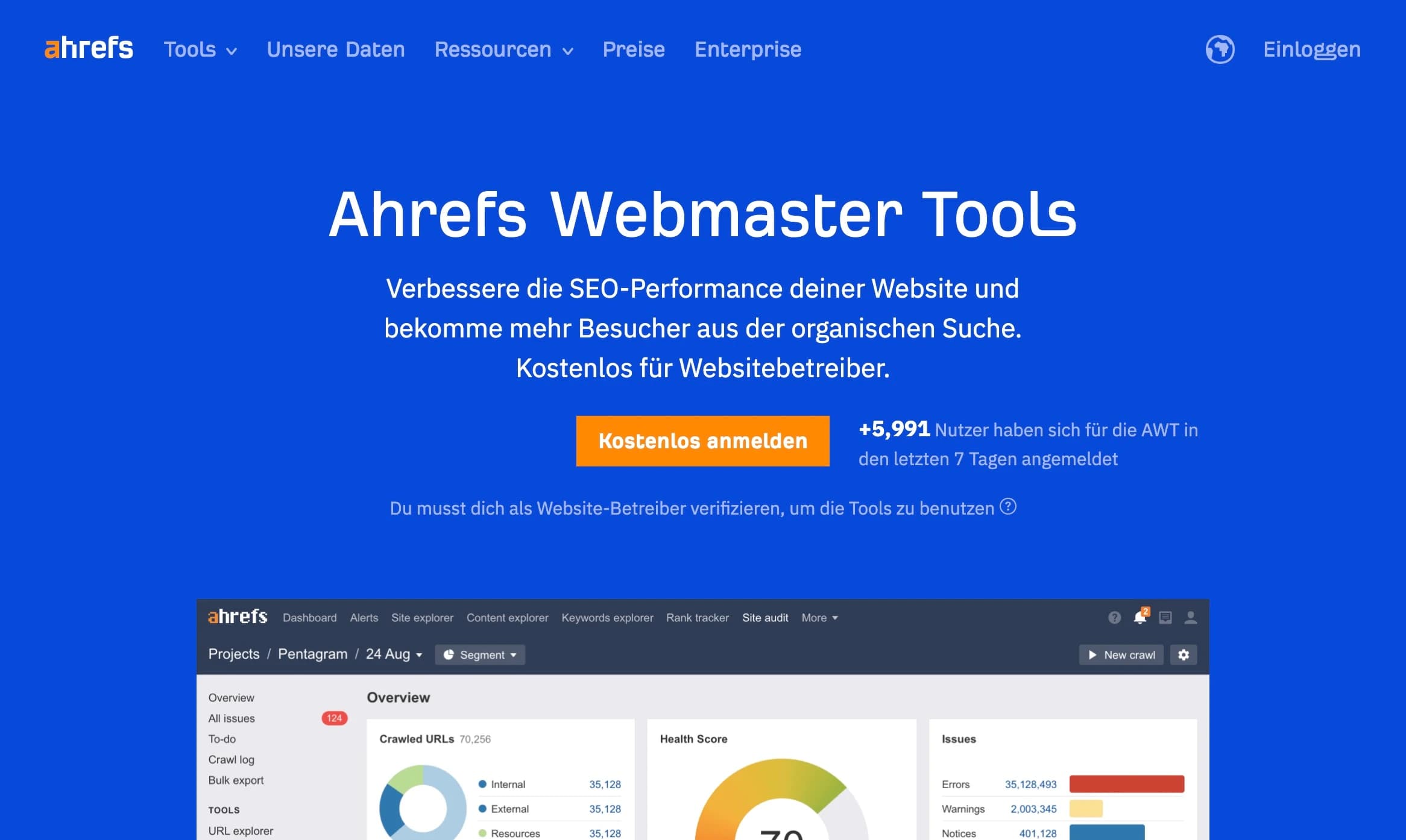 Dashboard der ahrefs Webmaster Tools