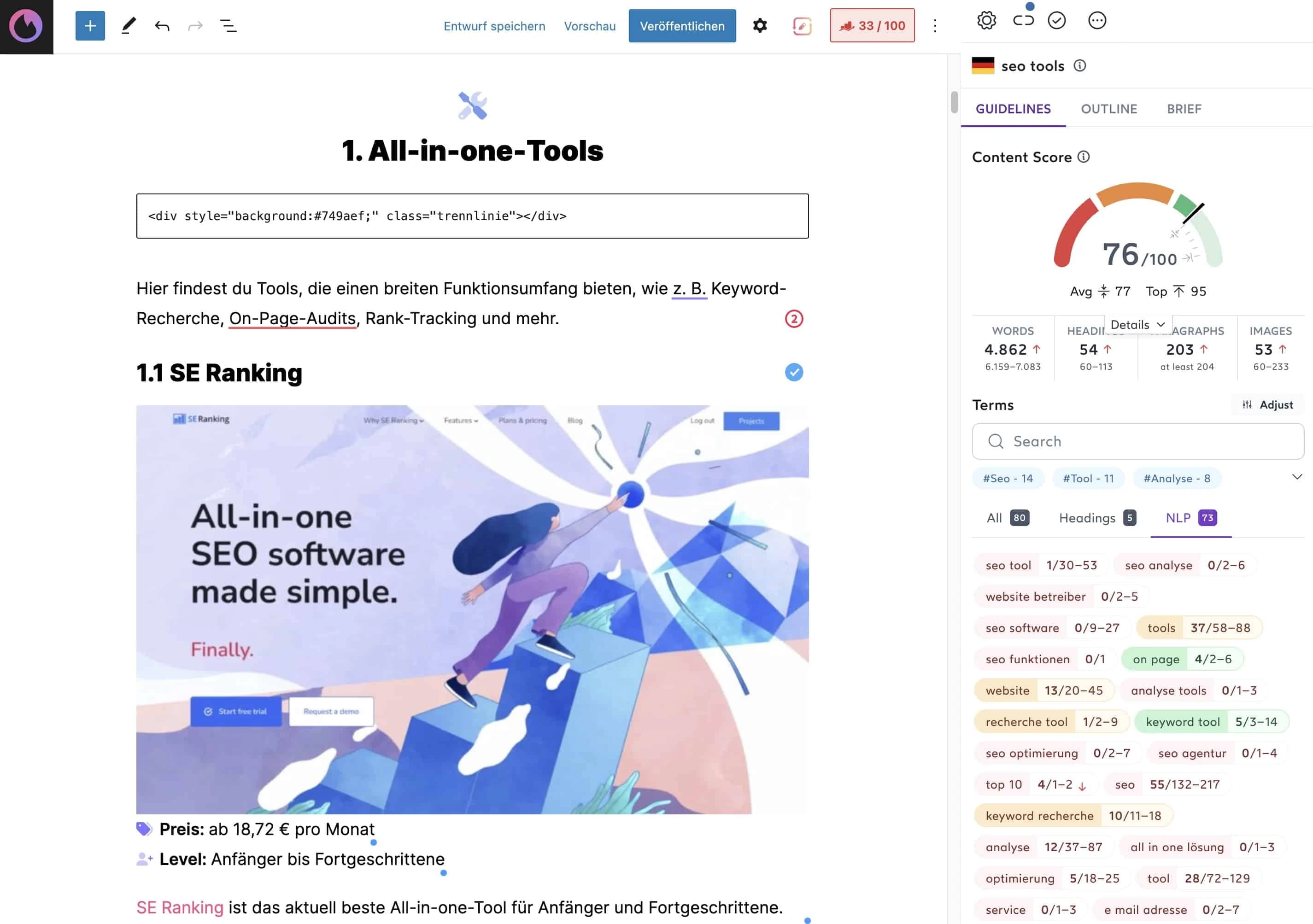 Content Score von Surfer SEO im WordPress-Editor