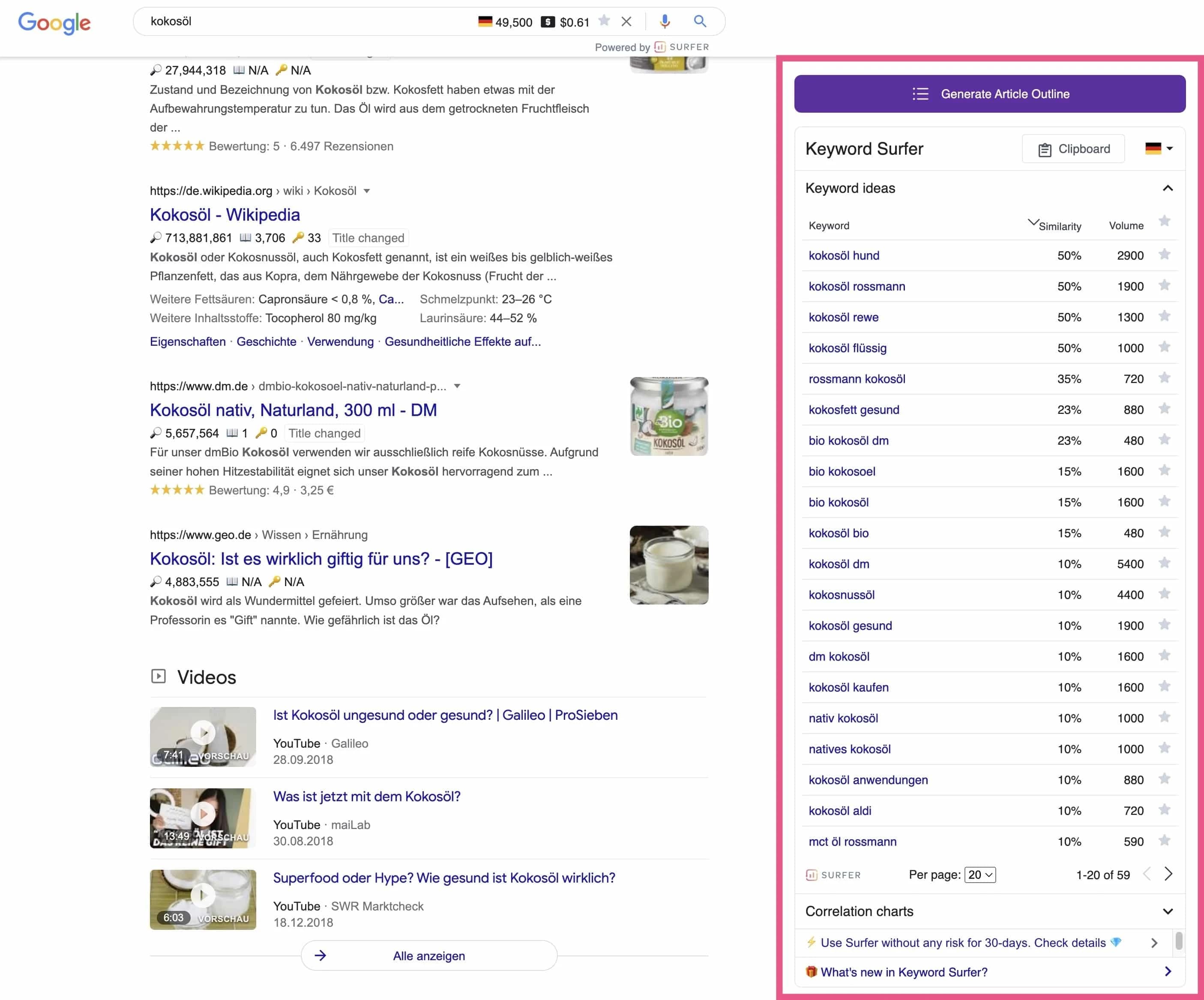 Sidebar von Keyword Surfer in den SERPs