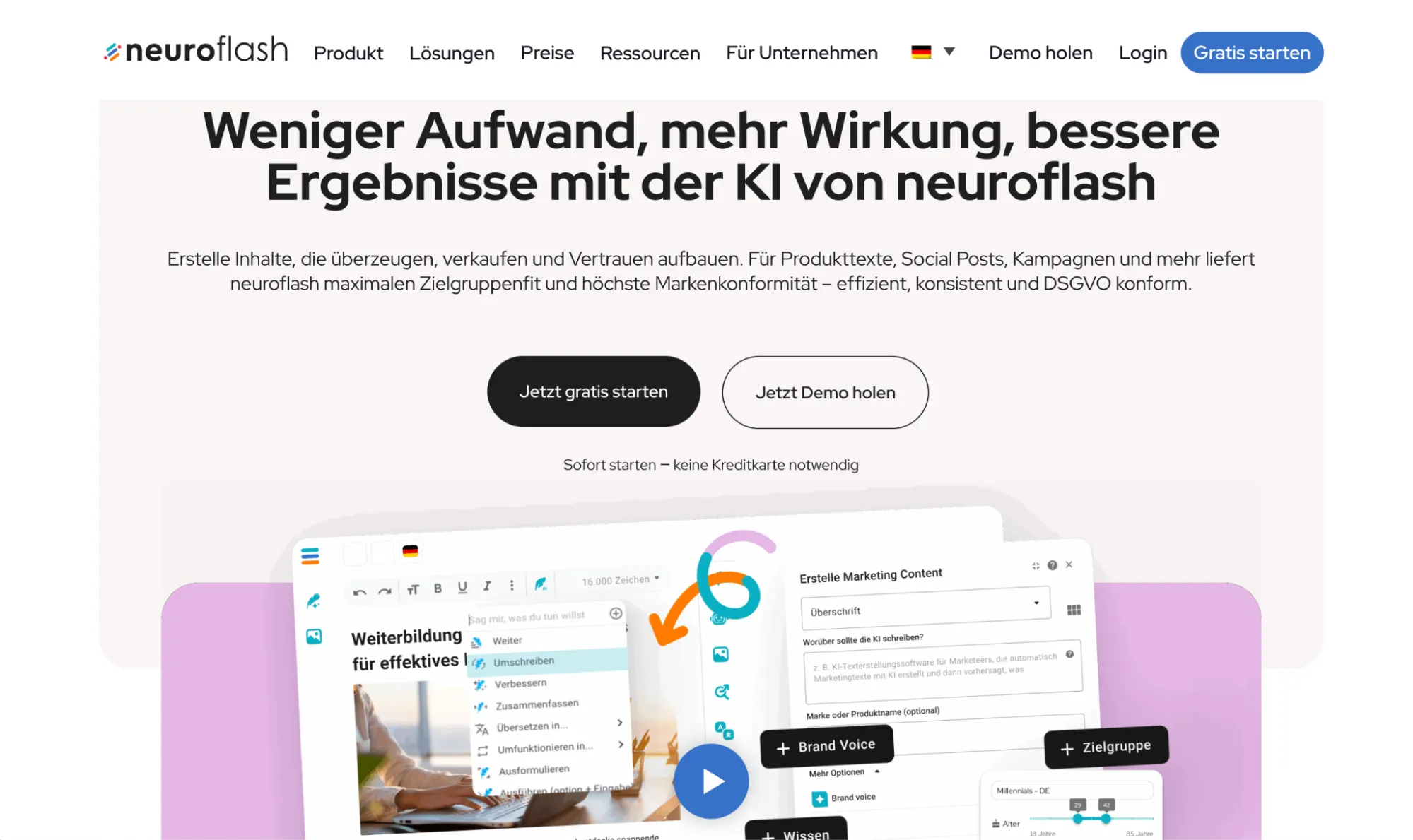 Neuroflash KI-Content-Editor Oberfläche