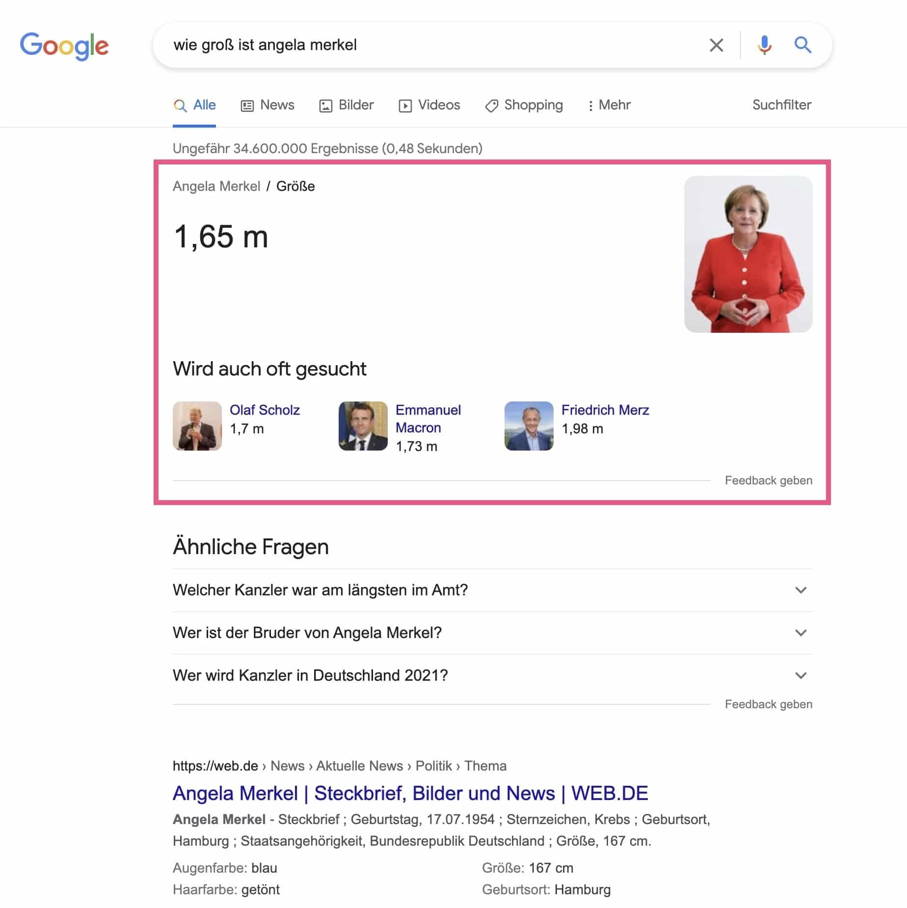 Direkt beantwortete Google-Suchergebnis-Seite