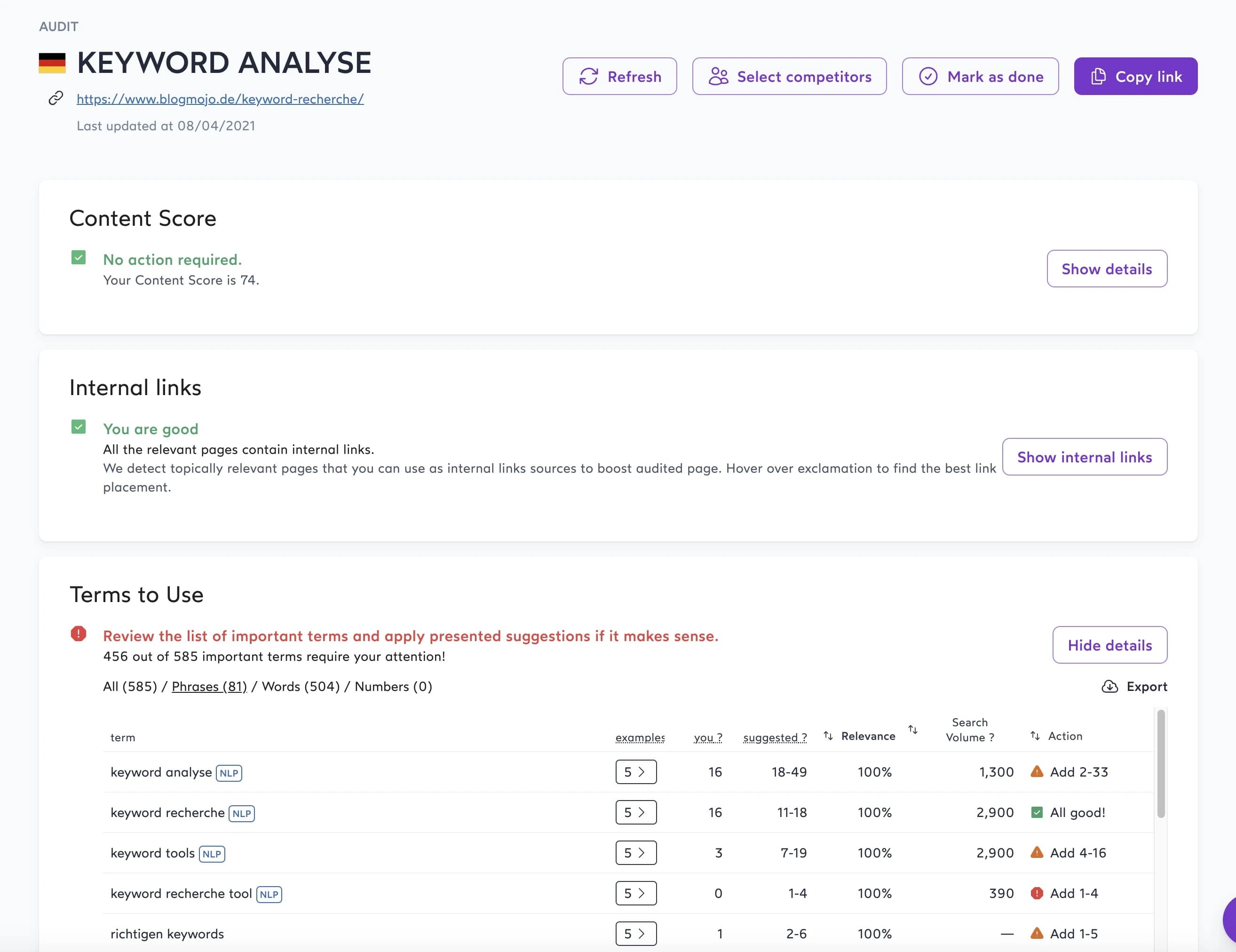 Audit-Ansicht von Surfer SEO