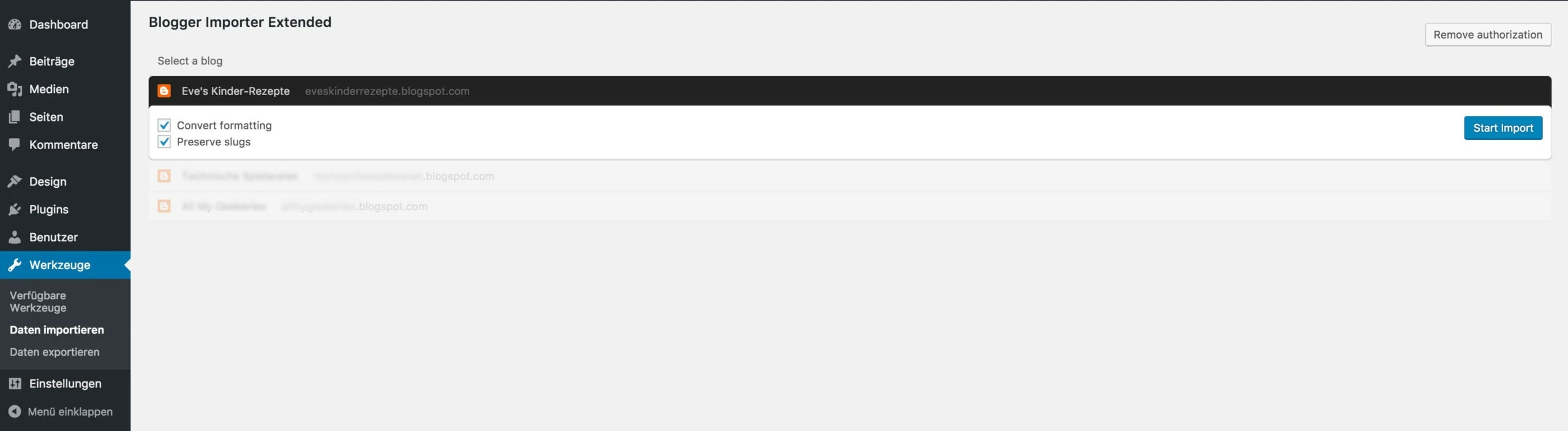 Blog auswählen bei Blogger Importer Extended