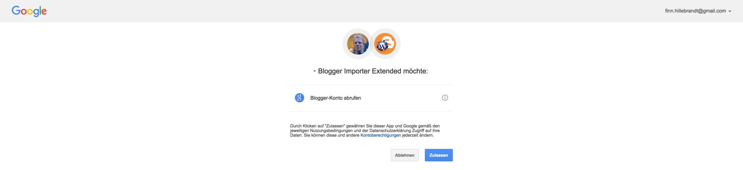 Blogger Importer Extended Zugriff auf Google-Konto gewähren