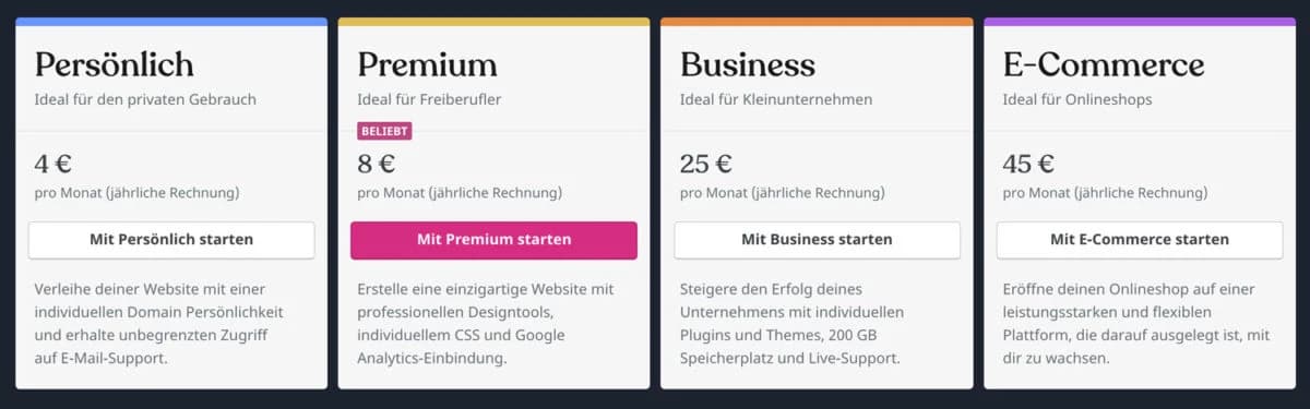 WordPress.com stellt dir 4 verschiedene Tarife zur Auswahl