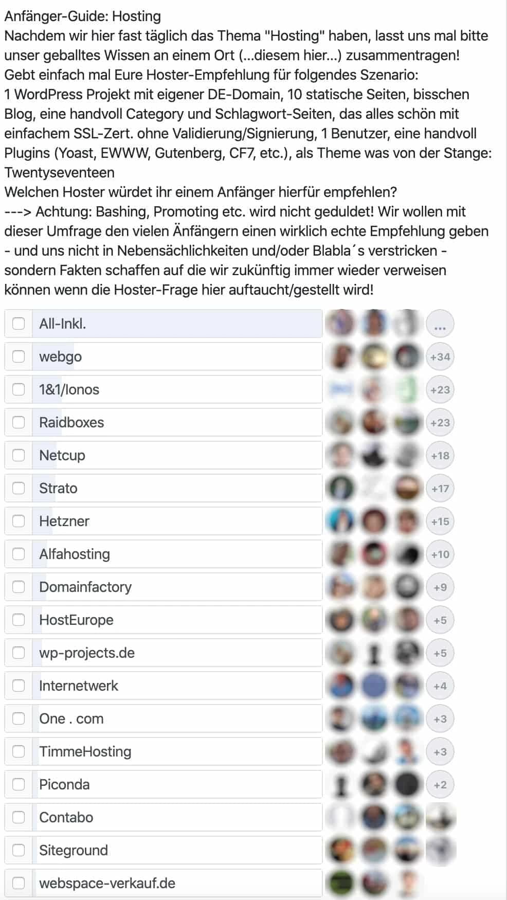 Umfrage in Facebook-Gruppe nach Hoster-Empfehlung