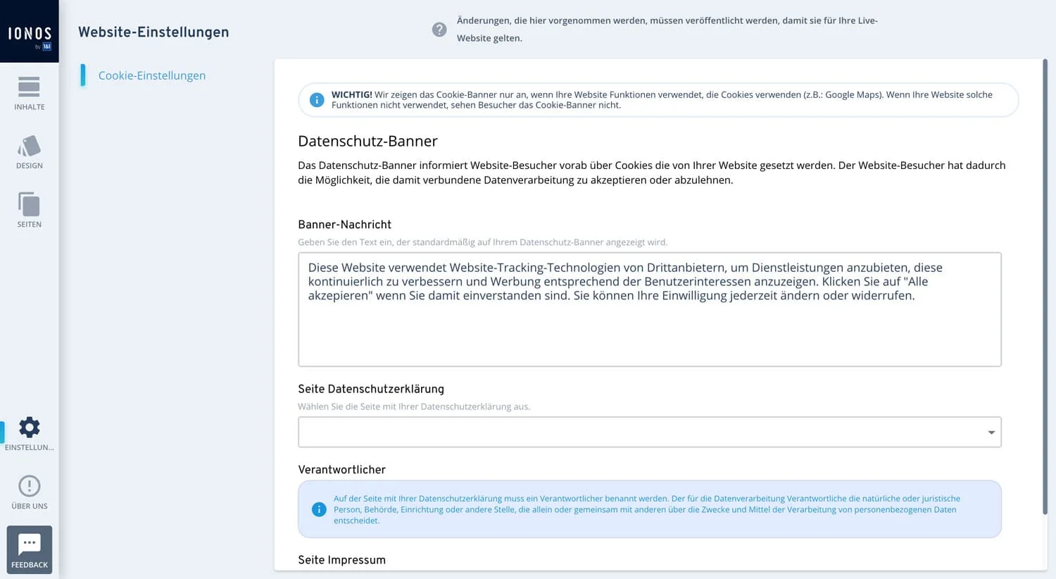 Du kannst beim IONOS Homepage-Baukasten sehr einfach und schnell einen Cookie-Hinweis einblenden