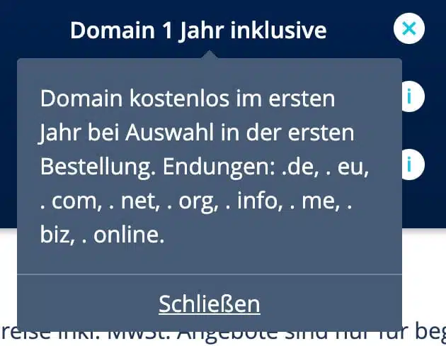 Bei IONOS Baukasten ist eine Domain bereits ab dem günstigsten Tarif inklusive