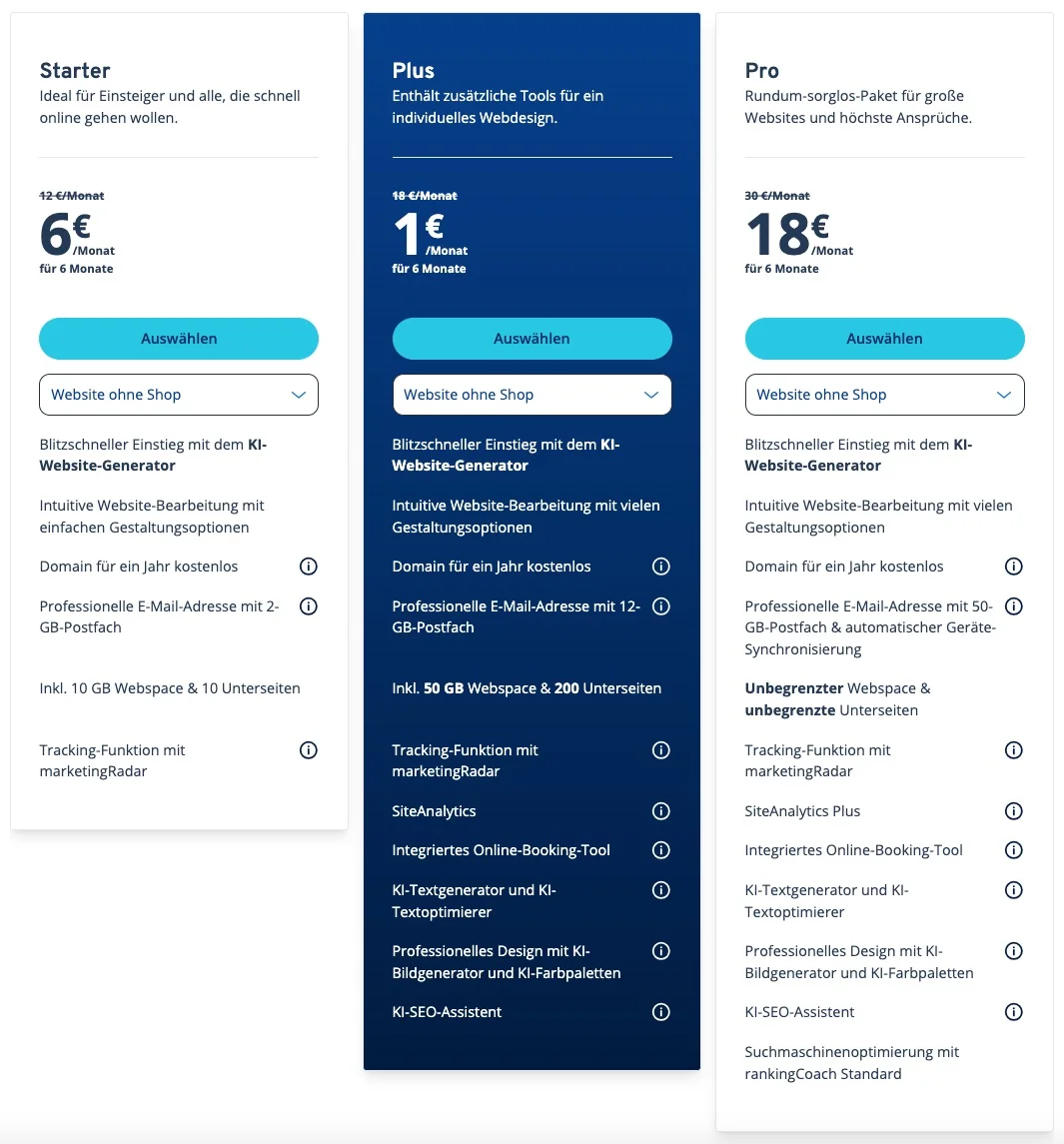 Der IONOS Baukasten besitzt 3 verschiedene Preismodelle