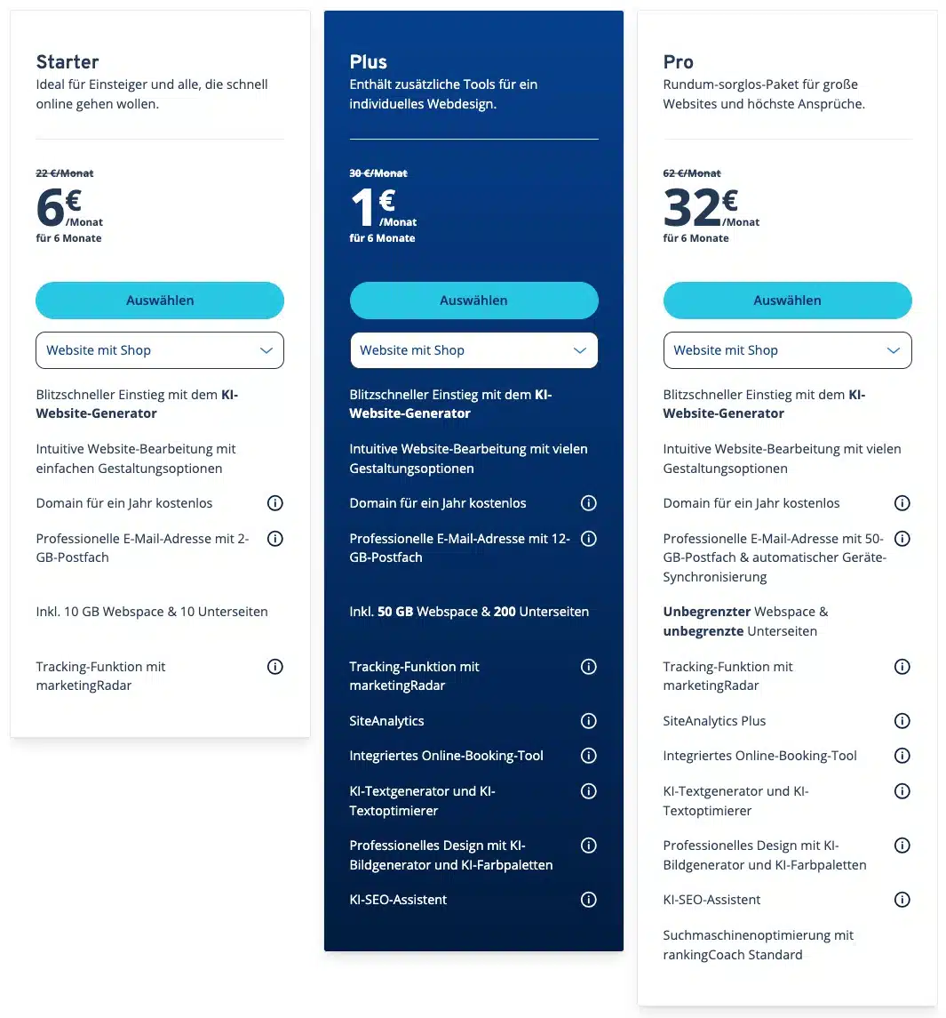 Der IONOS Homepage-Baukasten besitzt auch einen eigenen Shop-Tarif