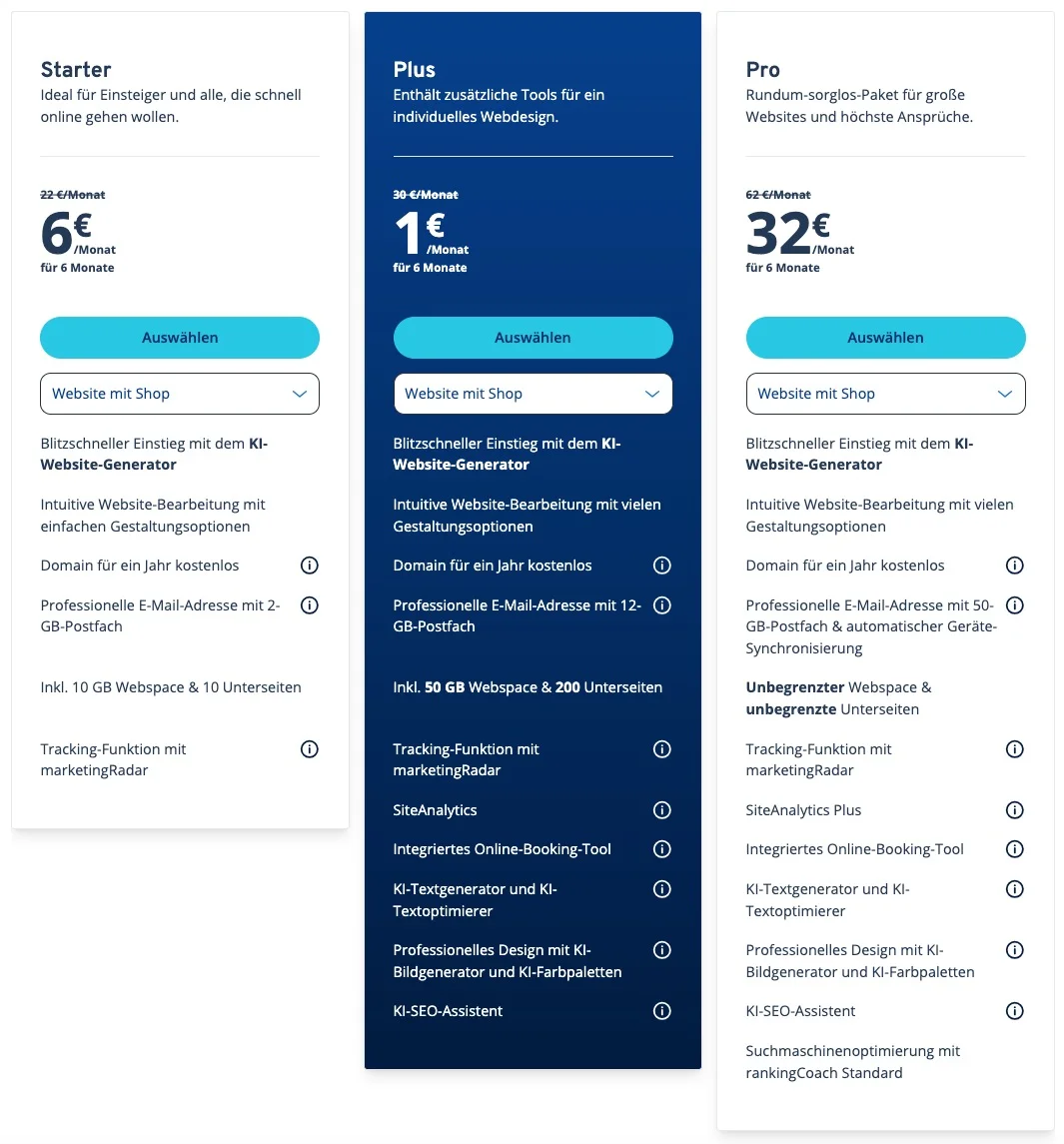 Der IONOS Homepage-Baukasten besitzt auch einen eigenen Shop-Tarif