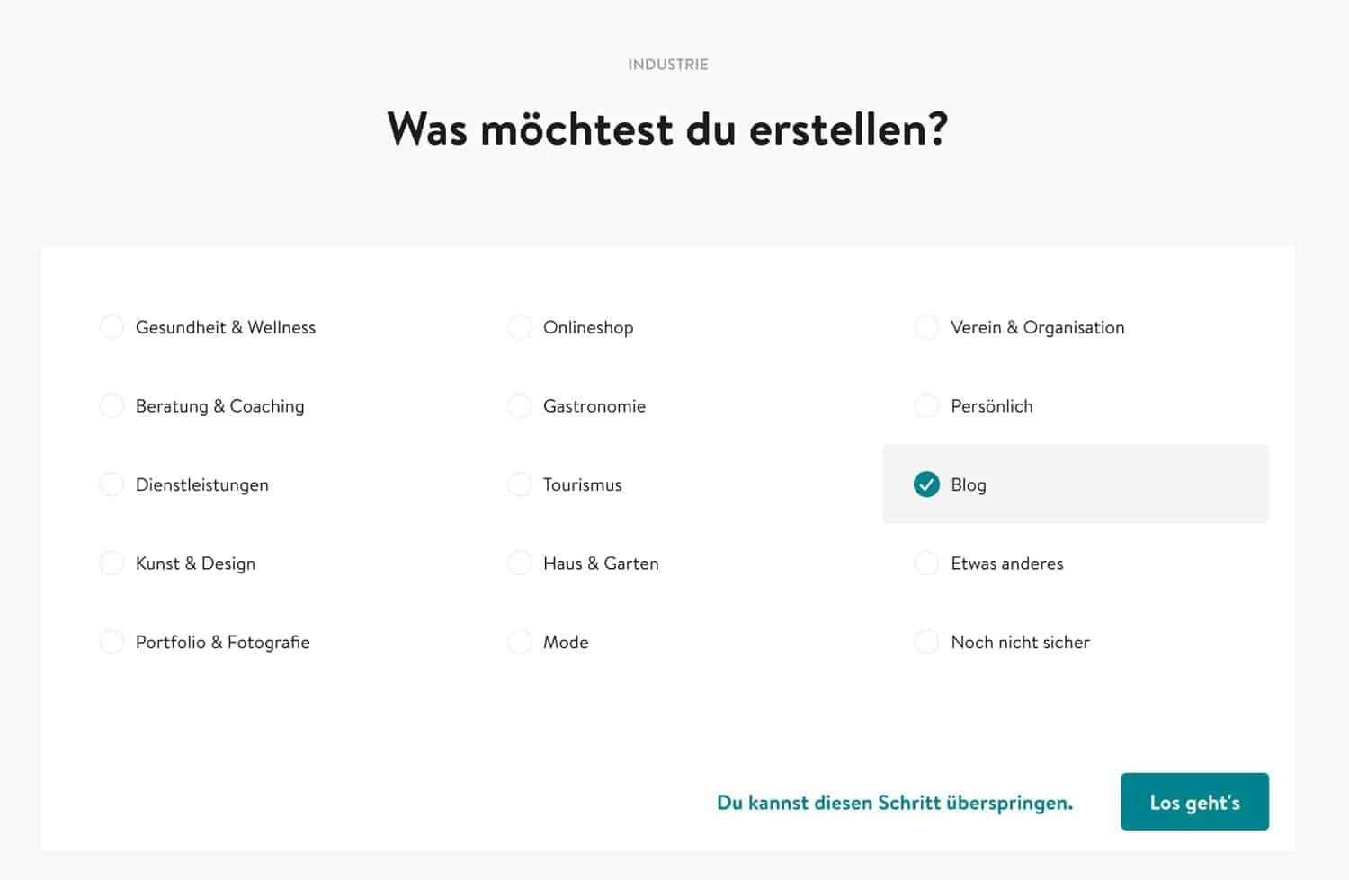 Jimdo stellt dir einige Fragen zu Beginn um die perfekte Website für dich zu finden
