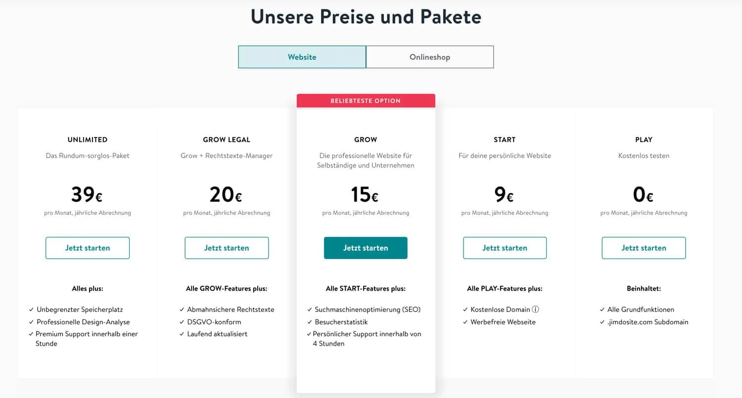 Jimdo bietet insgesamt 8 verschiedene Preismodelle an