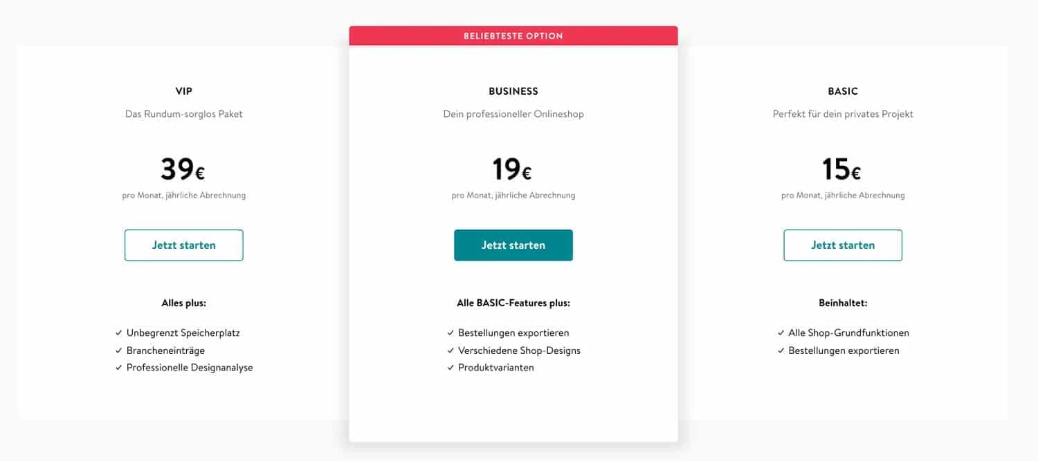 Es gibt drei verschiedene Jimdo Shop Tarife
