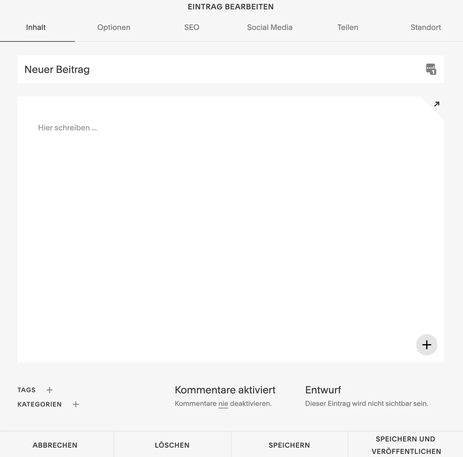 Es erinnert sehr an WordPress, wenn du mit Squarespace einen neuen Beitrag erstellen möchtest