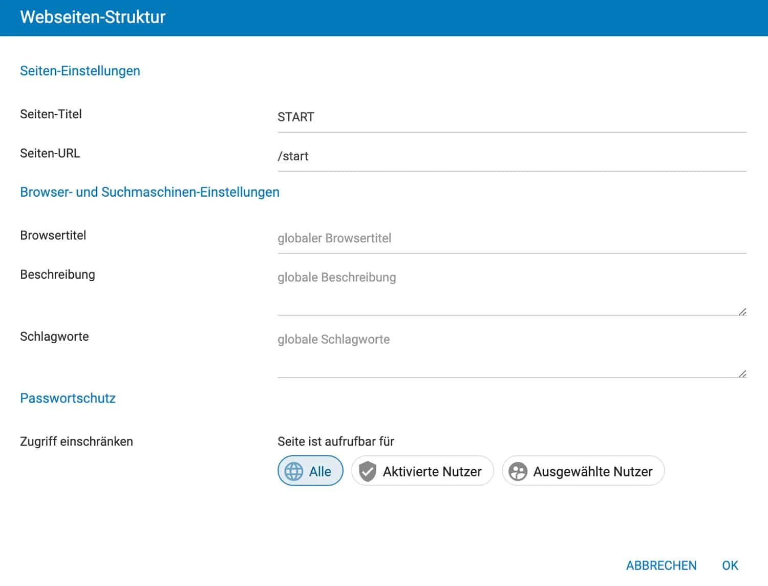 Du kannst zu einzelnen Seiten des Strato Homepage-Baukastens SEO Titel und Beschreibung hinzufügen
