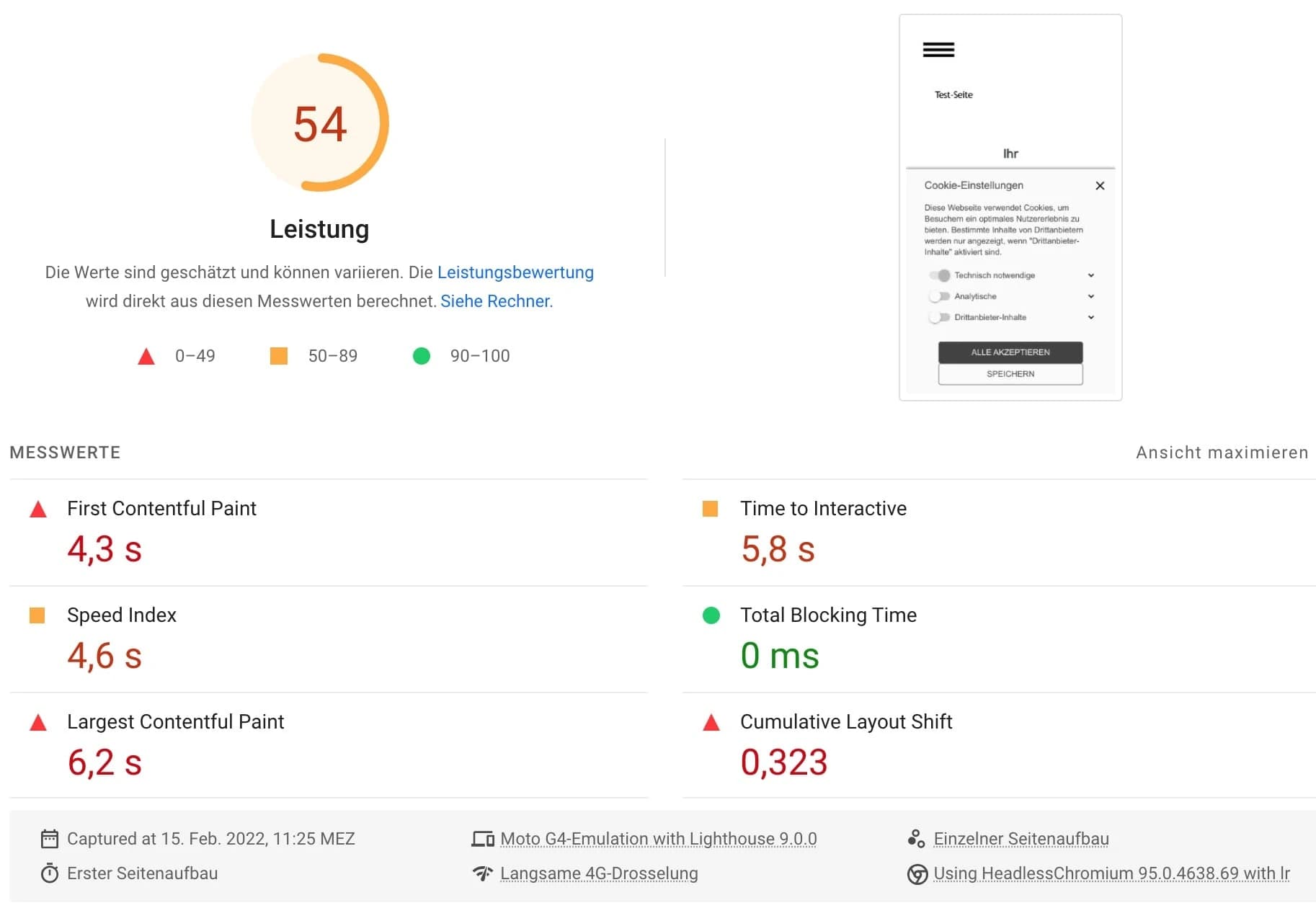 Core Web Vitals und PageSpeed Insights Ergebnisse für Strato