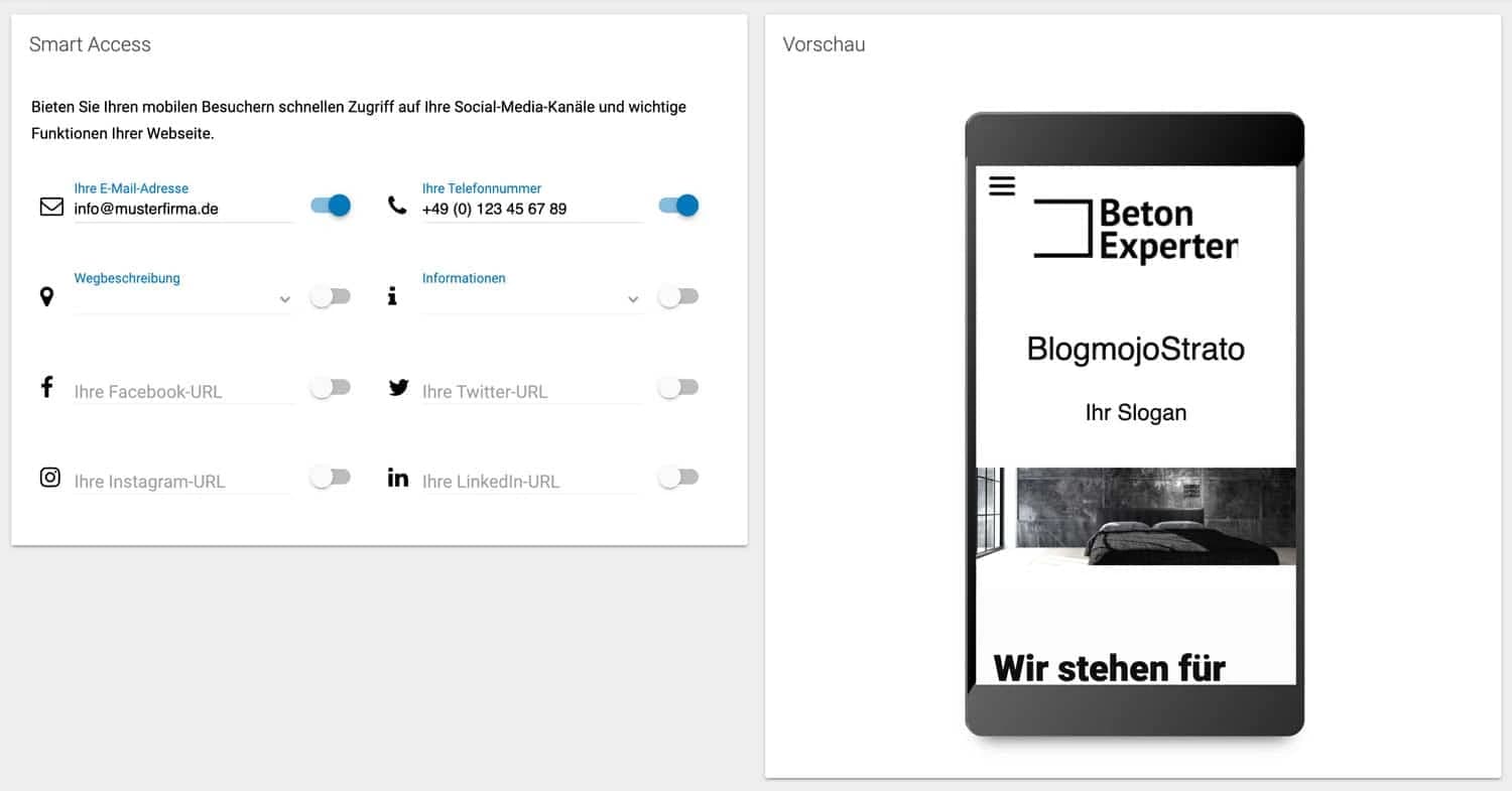 Im Strato Homepage Baukasten lassen sich diverse Einstellungen speziell für mobile Geräte vornehmen