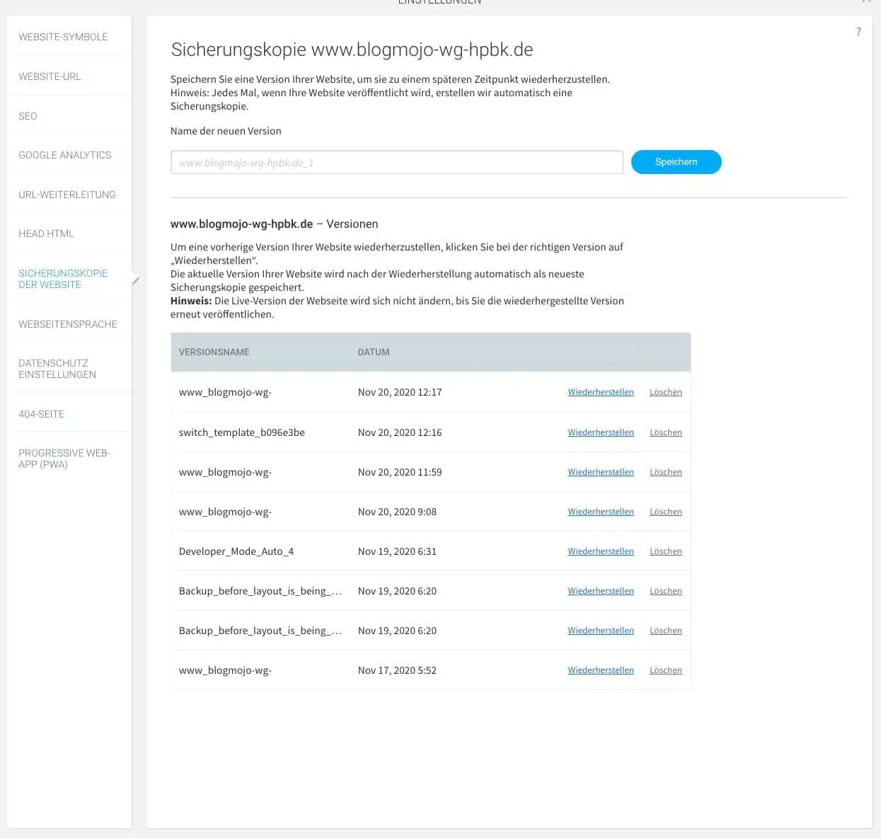 Du kannst beim webgo Homepage-Baukasten jederzeit ein Backup erstellen und dieses wiederherstellen