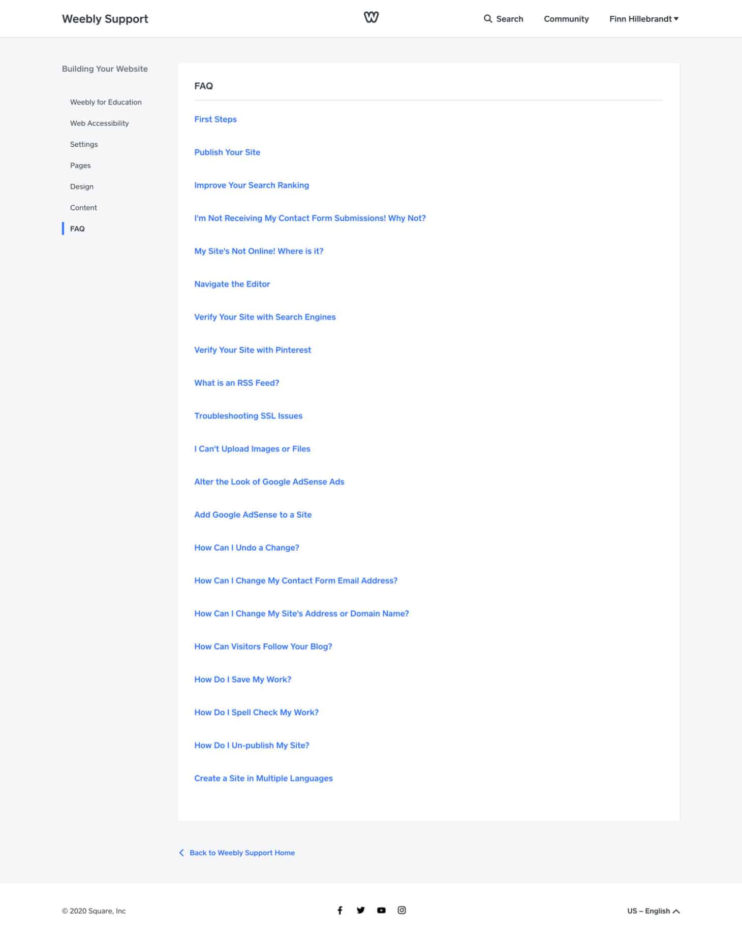 Der Weebly FAQ Bereich steht nur in Englisch zur Verfügung. Auch der Support spricht nur Englisch