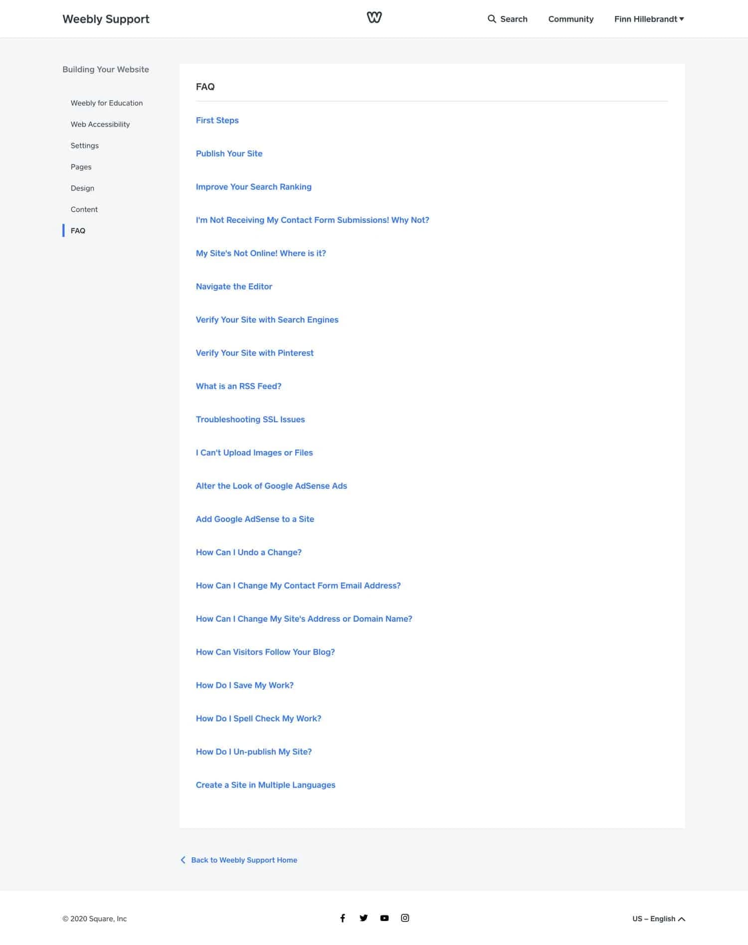 Der Weebly FAQ Bereich steht nur in Englisch zur Verfügung. Auch der Support spricht nur Englisch