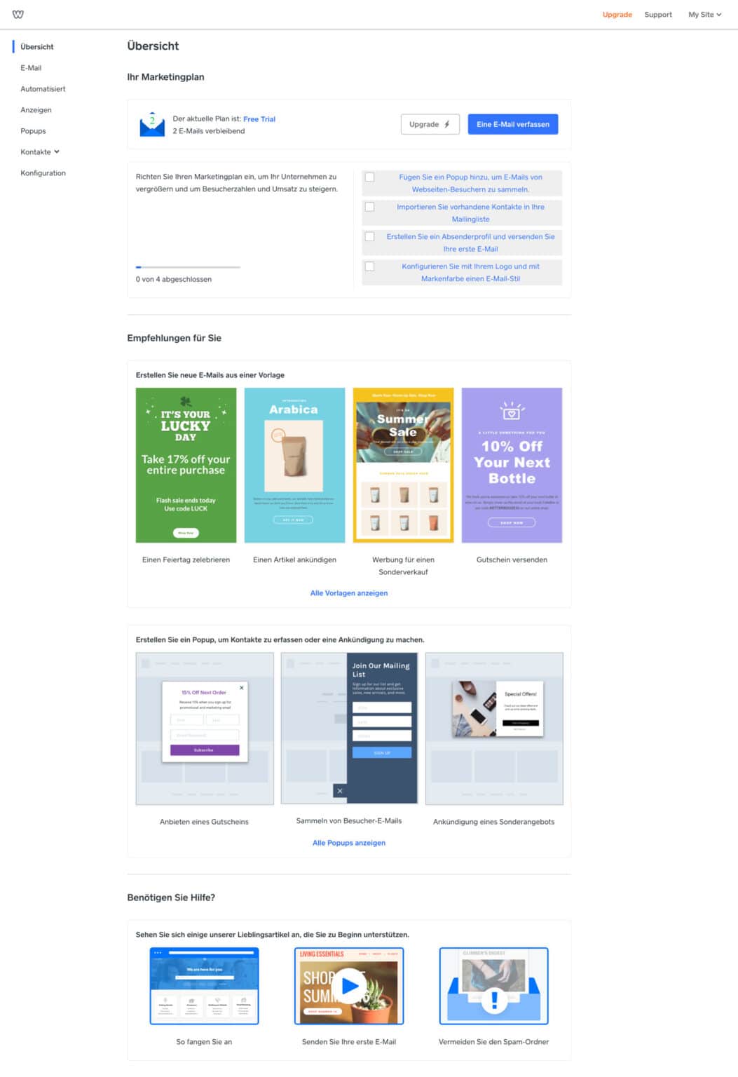 Weebly erwartet dich mit einem sehr aufgeräumten Mitglieder Bereich.